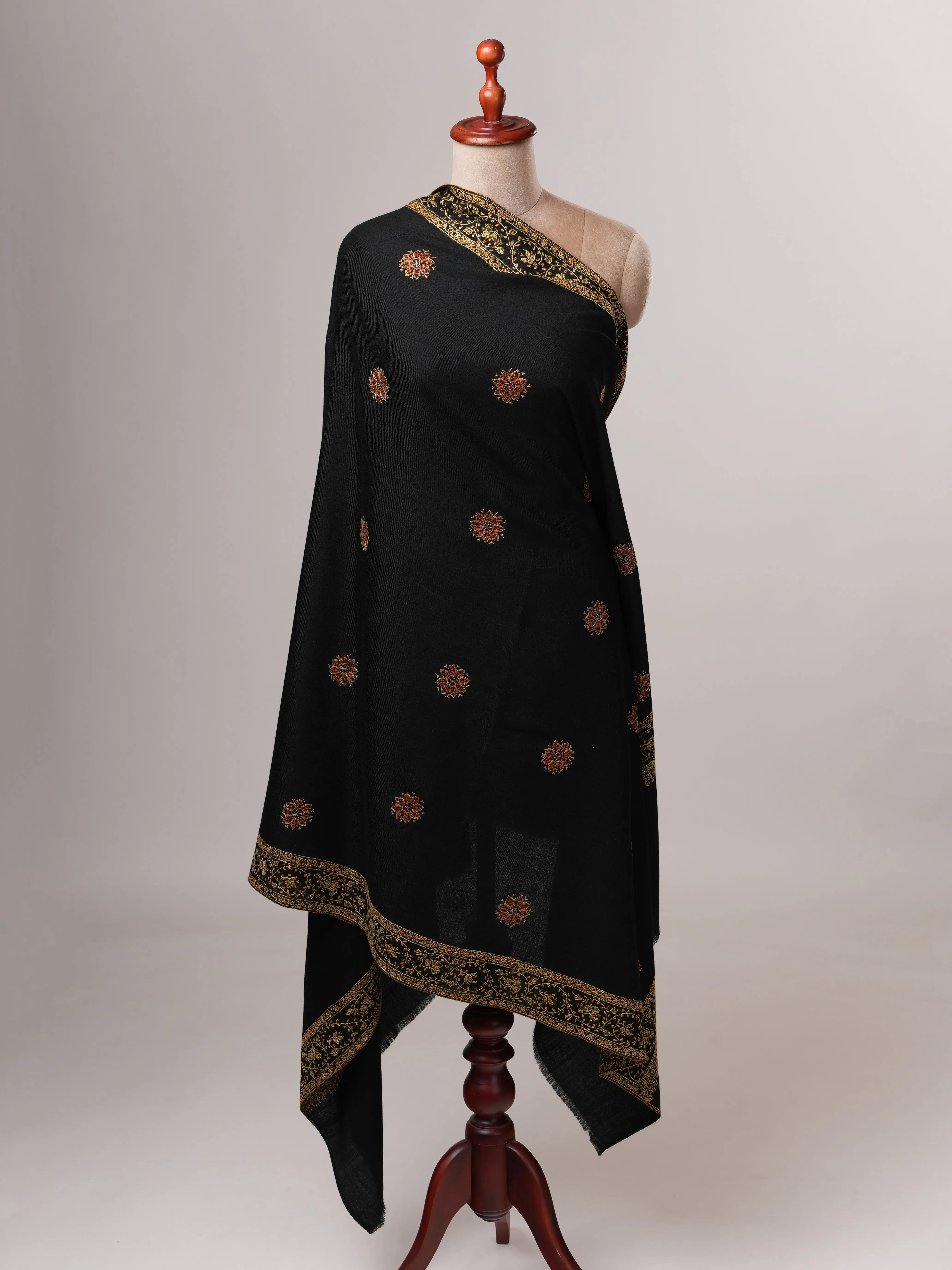 Fine Wool Black Shawl with Hand Embroidered Buteh Daur Motifs Shahkaar