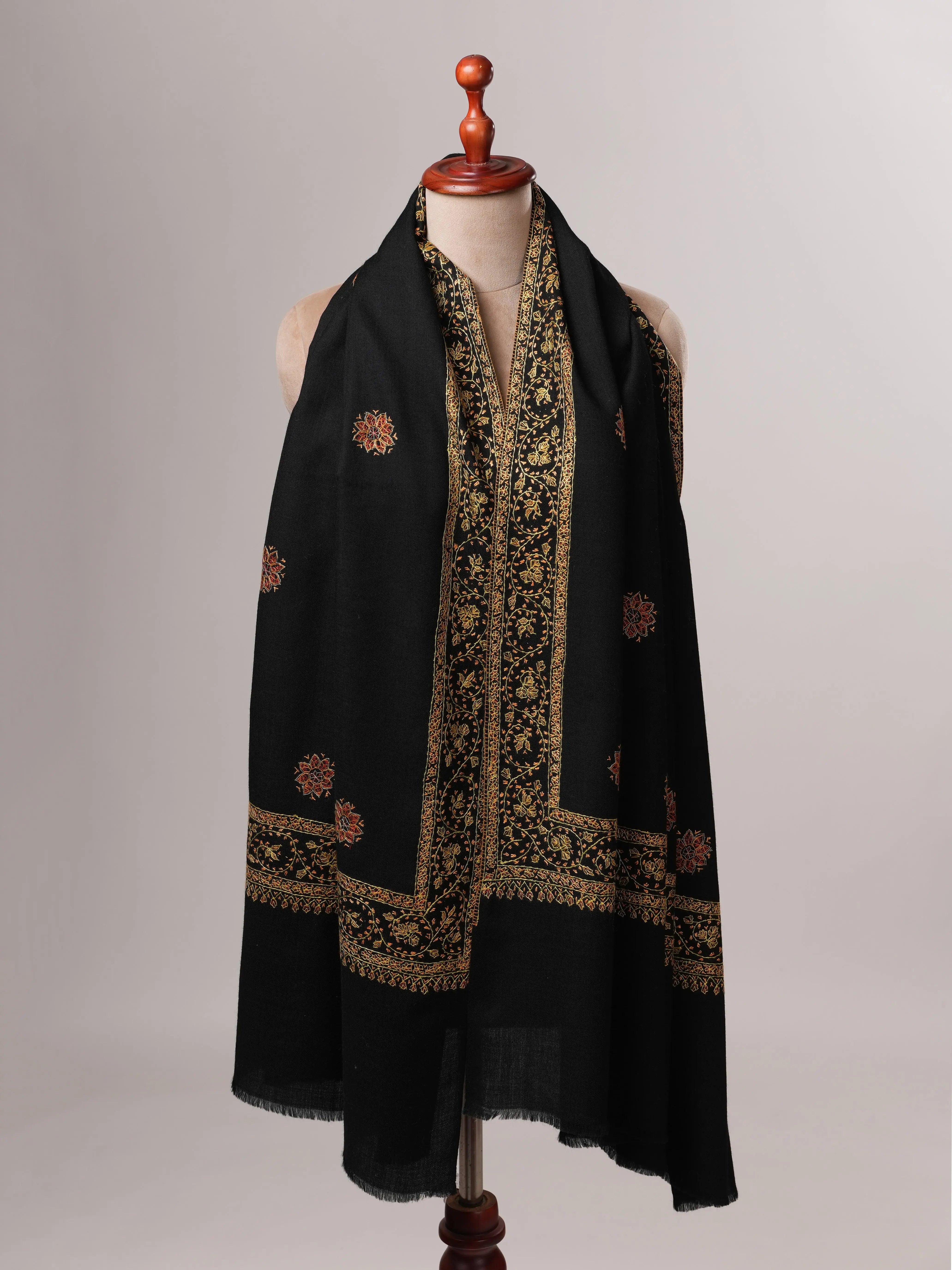 Fine Wool Black Shawl with Hand Embroidered Buteh Daur Motifs Shahkaar