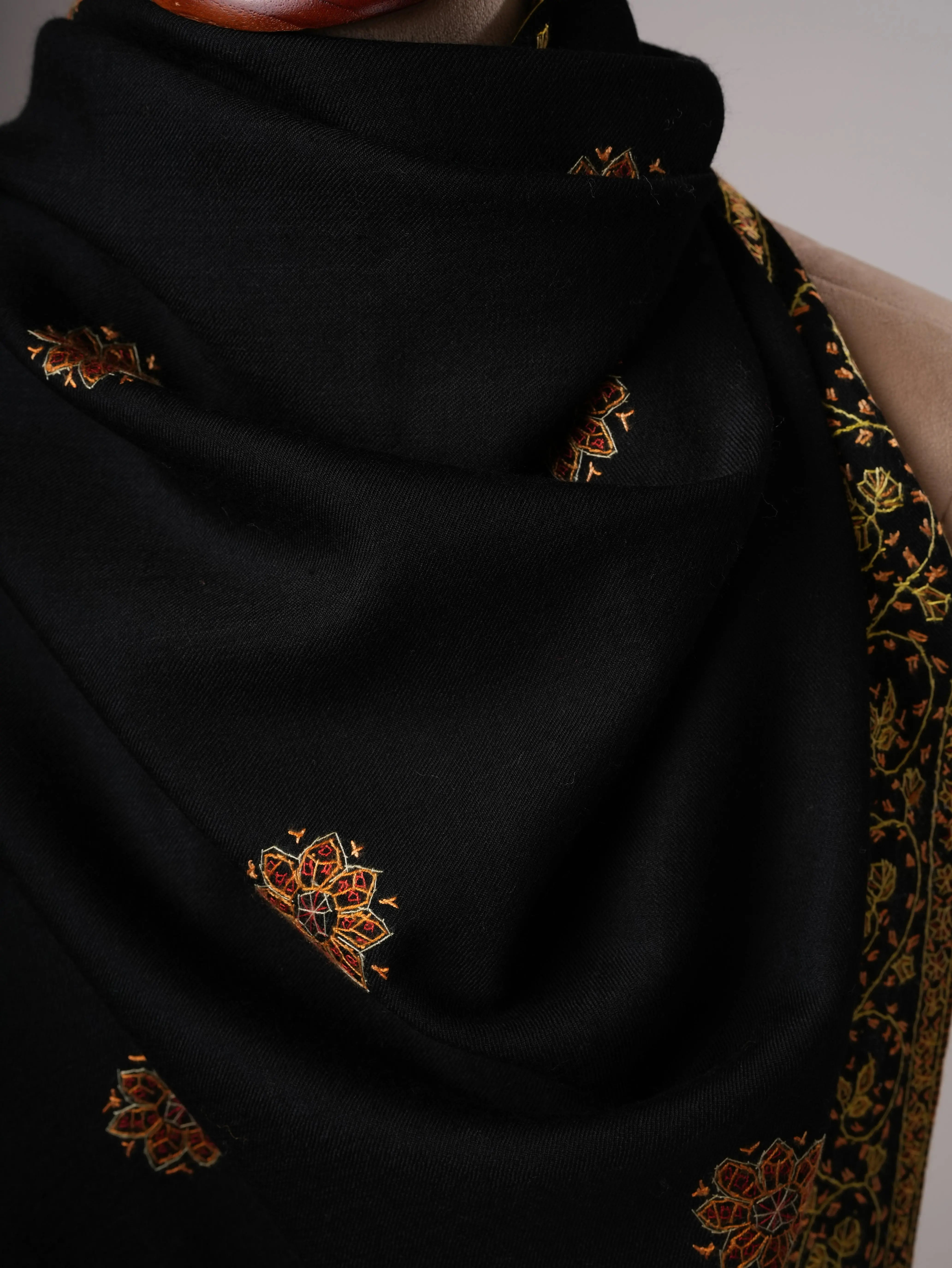 Fine Wool Black Shawl with Hand Embroidered Buteh Daur Motifs Shahkaar