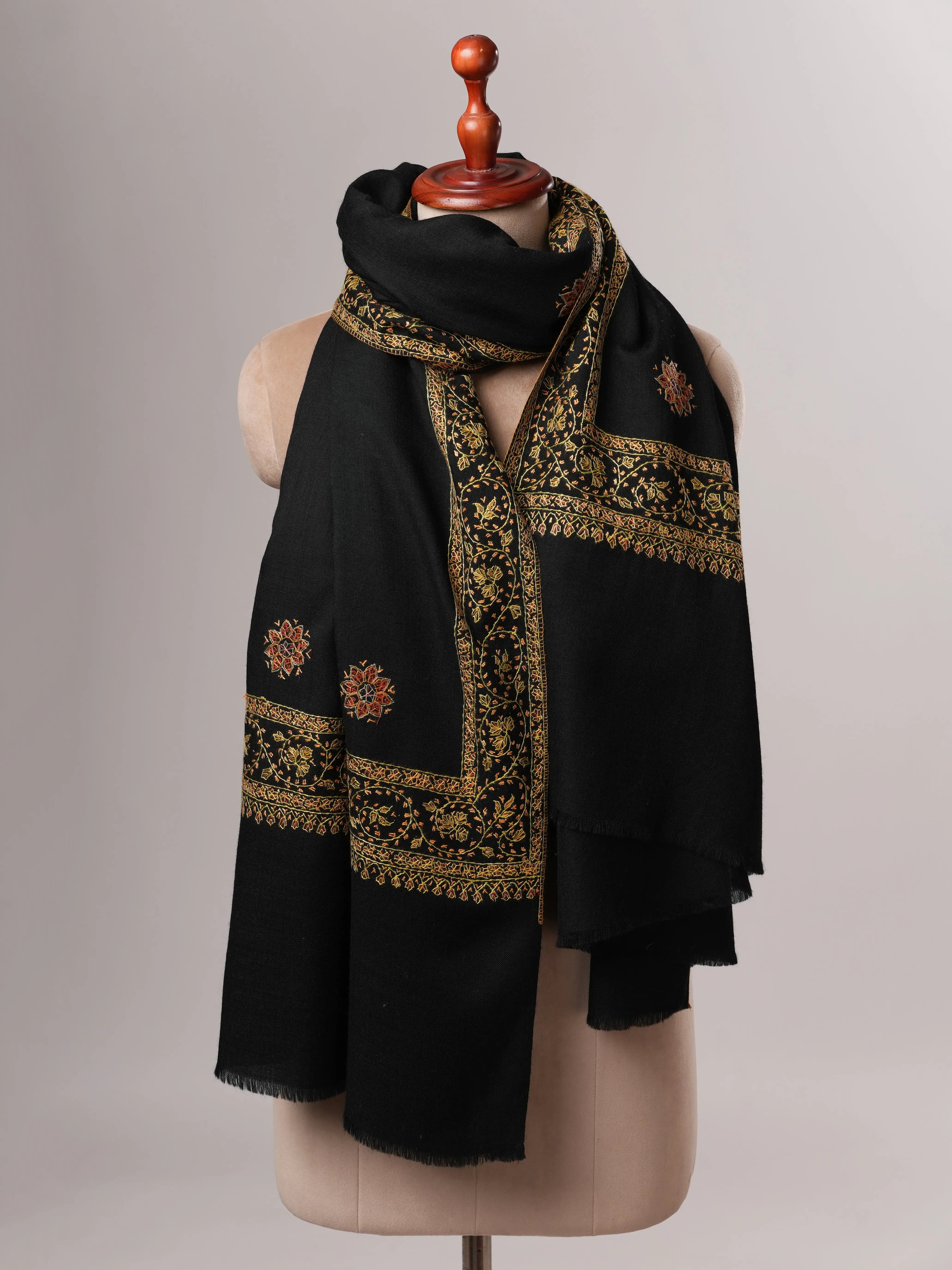 Fine Wool Black Shawl with Hand Embroidered Buteh Daur Motifs Shahkaar