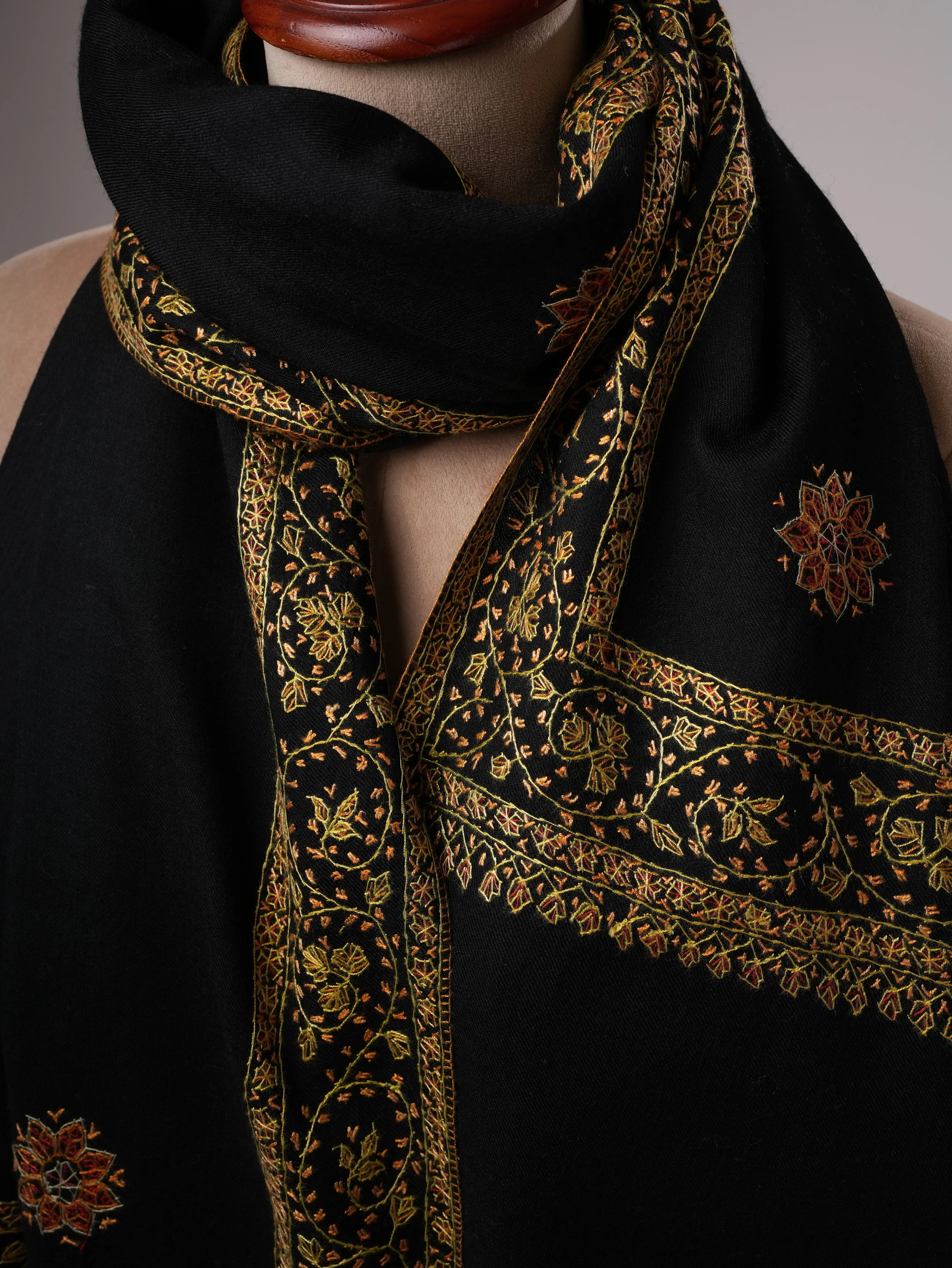 Fine Wool Black Shawl with Hand Embroidered Buteh Daur Motifs Shahkaar