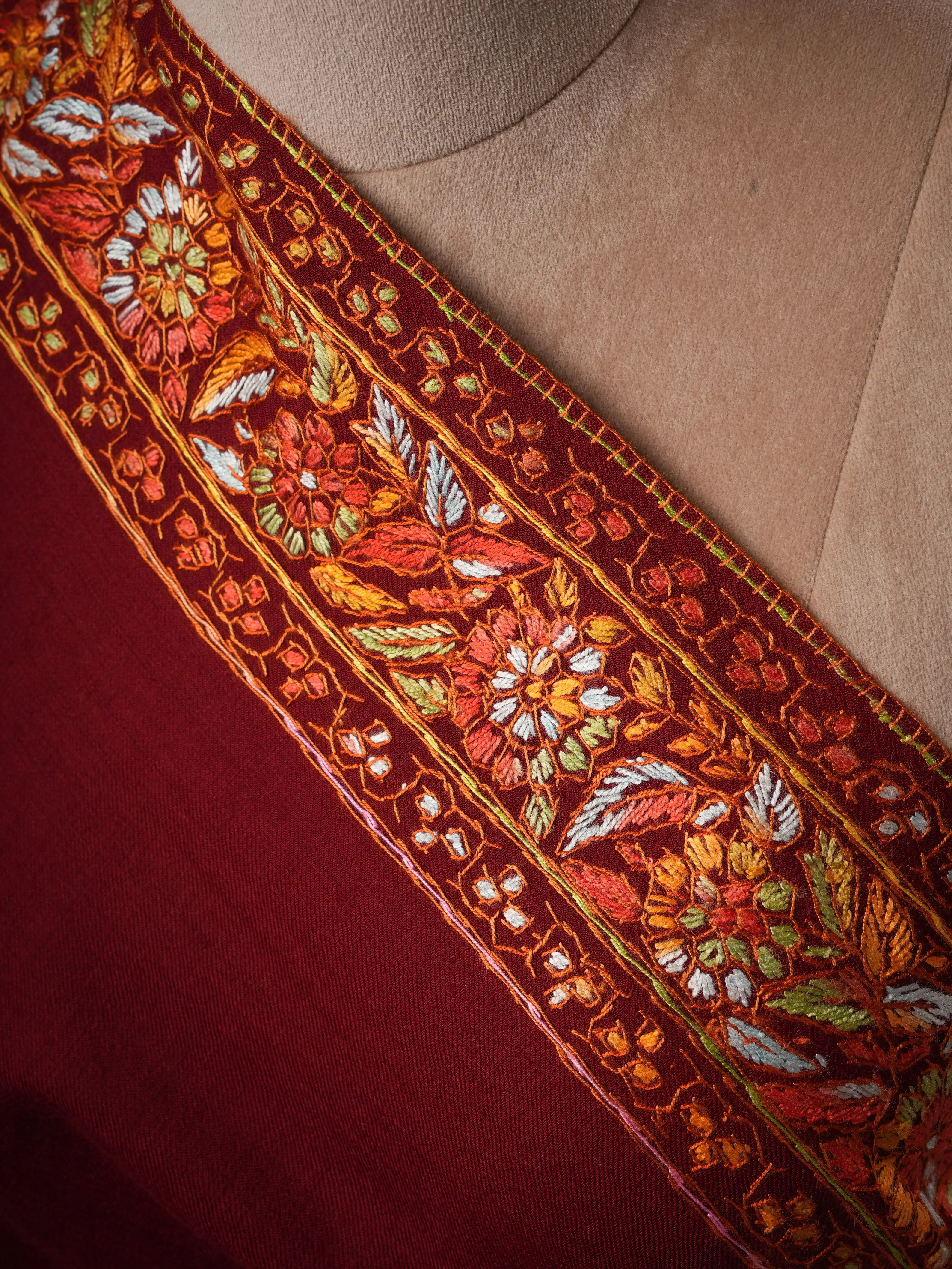 Handcrafted Maroon Fine Wool Shawl with Papier Machie Style Daur Embroidery Shahkaar