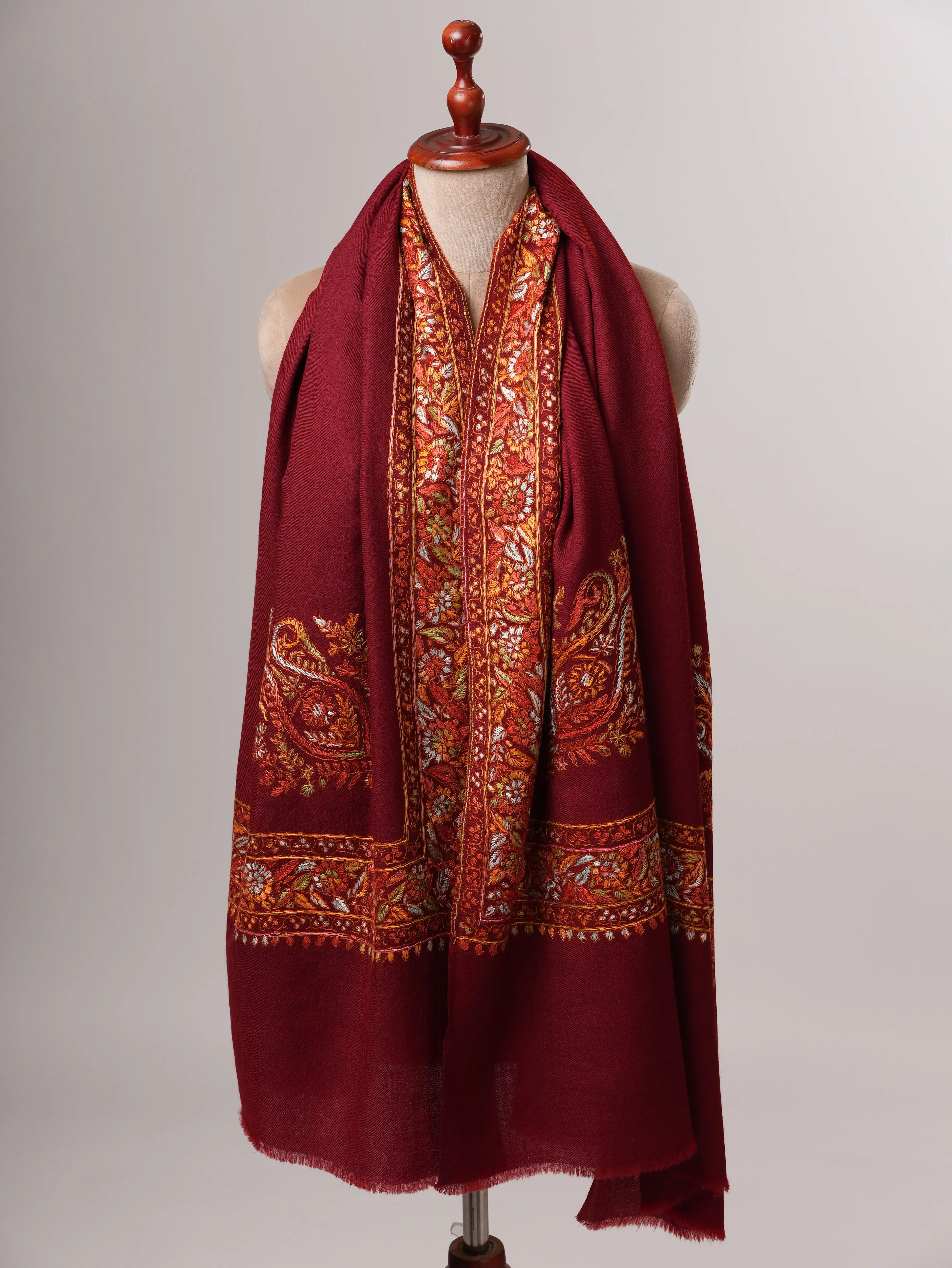 Handcrafted Maroon Fine Wool Shawl with Papier Machie Style Daur Embroidery Shahkaar