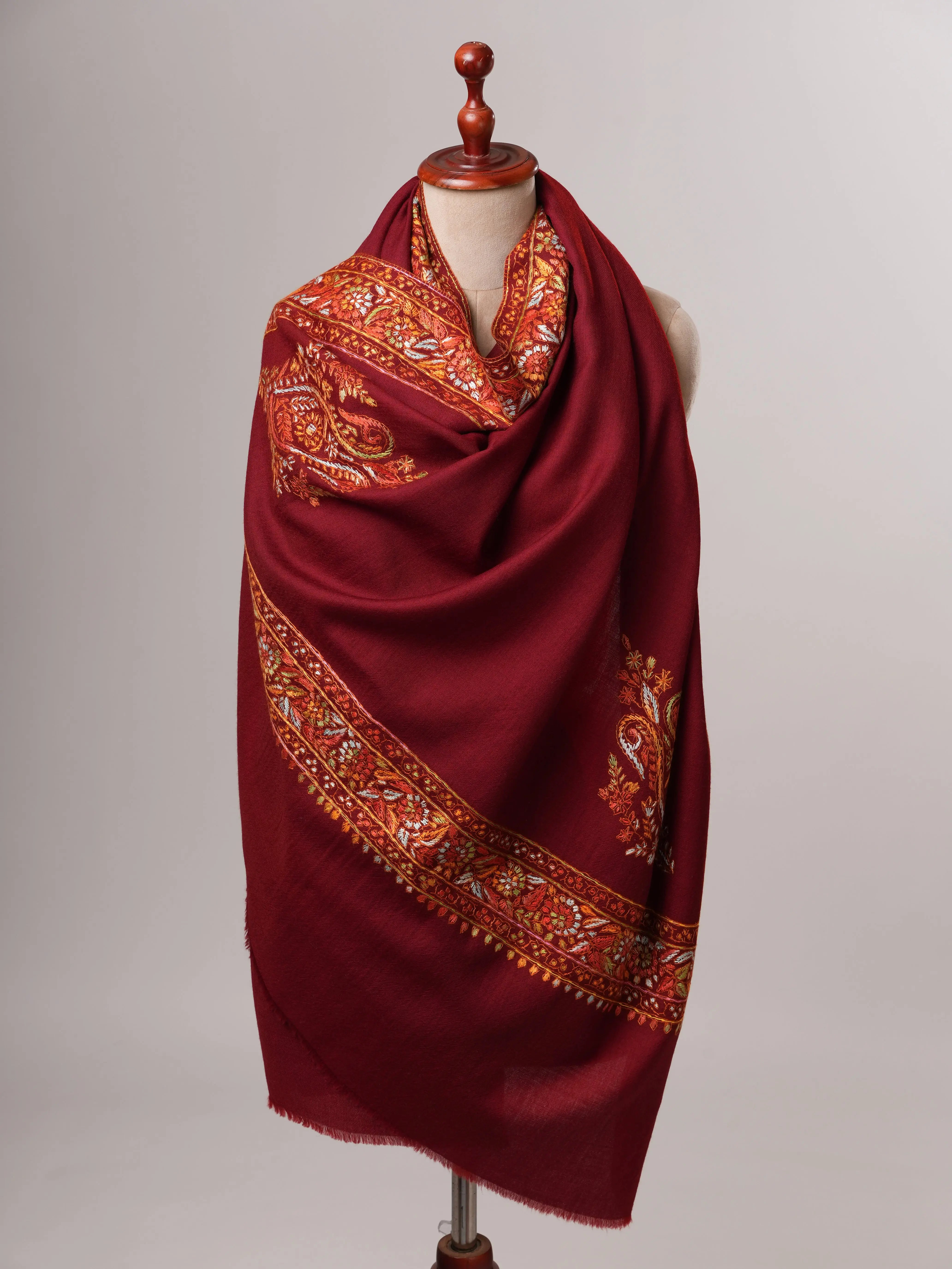Handcrafted Maroon Fine Wool Shawl with Papier Machie Style Daur Embroidery Shahkaar