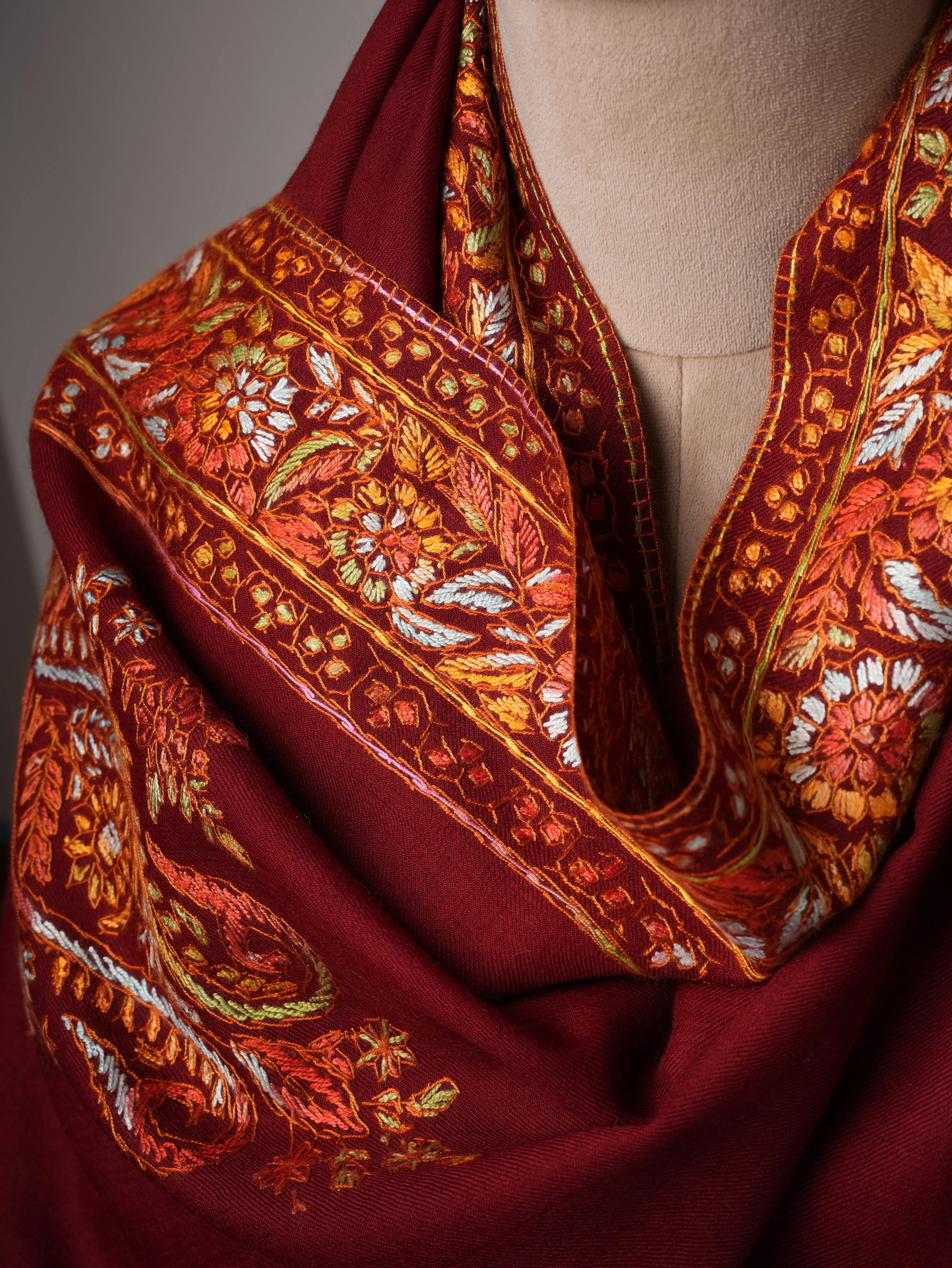 Handcrafted Maroon Fine Wool Shawl with Papier Machie Style Daur Embroidery Shahkaar