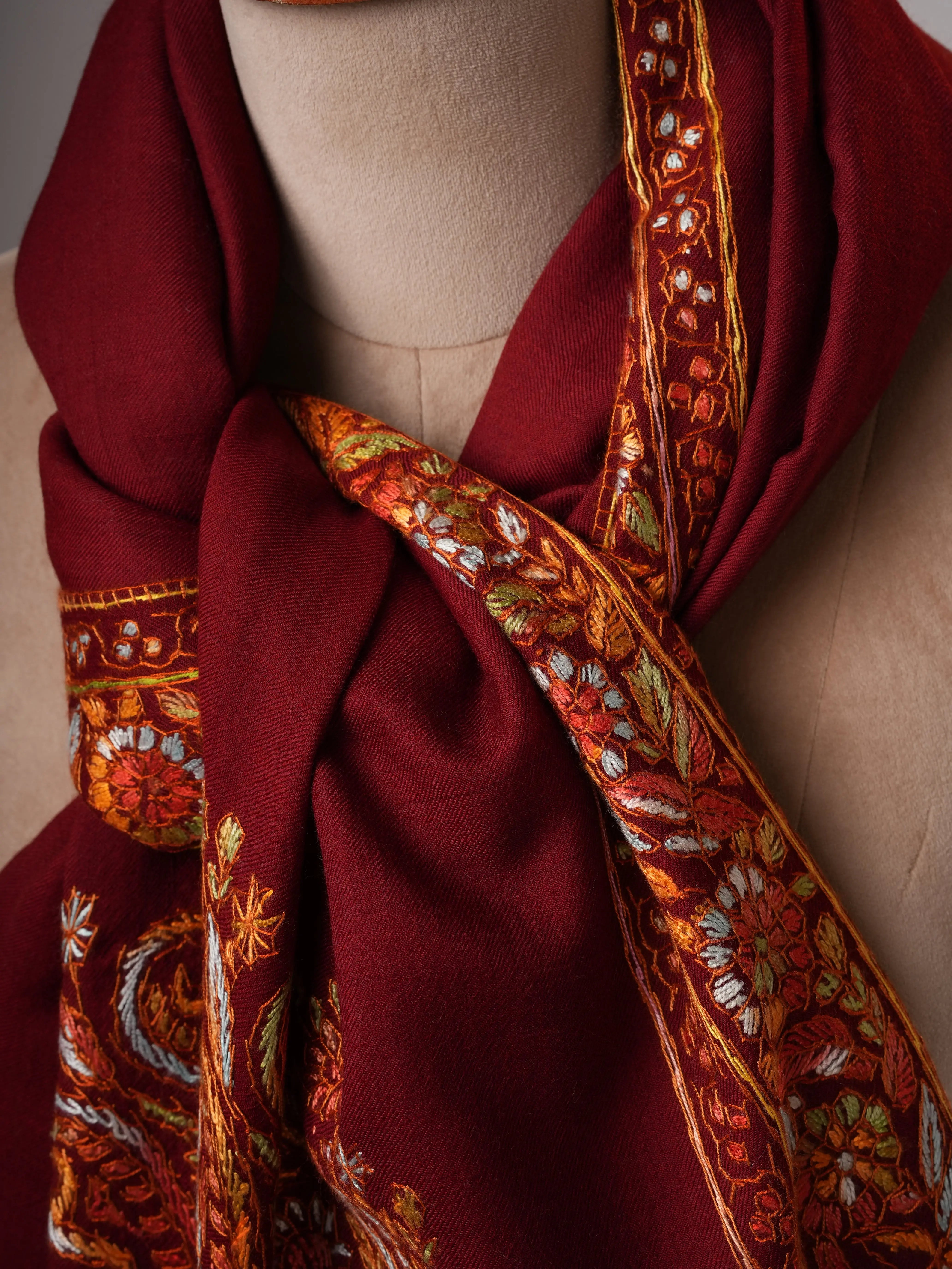 Handcrafted Maroon Fine Wool Shawl with Papier Machie Style Daur Embroidery Shahkaar