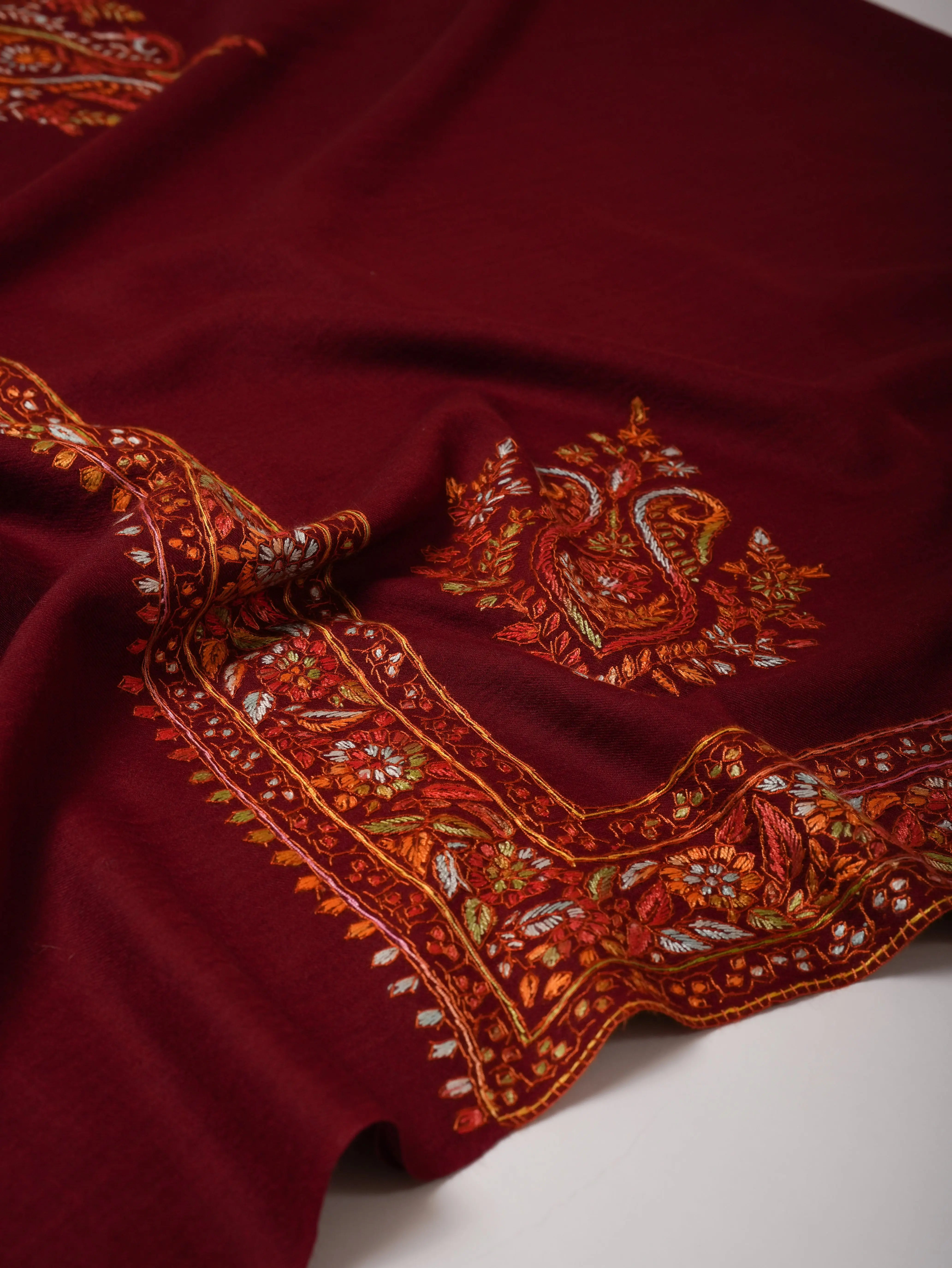 Handcrafted Maroon Fine Wool Shawl with Papier Machie Style Daur Embroidery Shahkaar