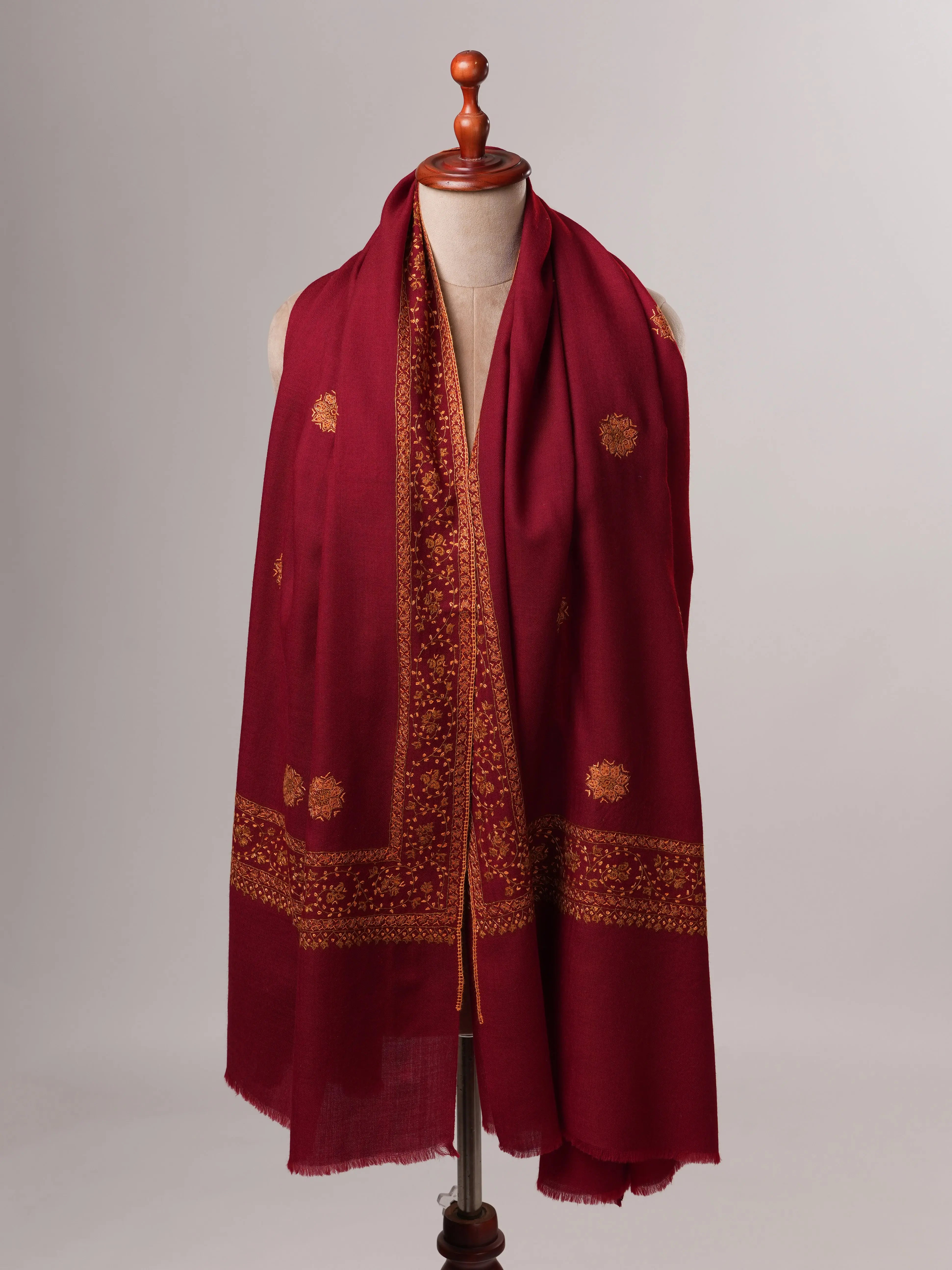 Fine Wool Maroon Shawl with Hand-Embroidered Buteh Daur Motifs Shahkaar