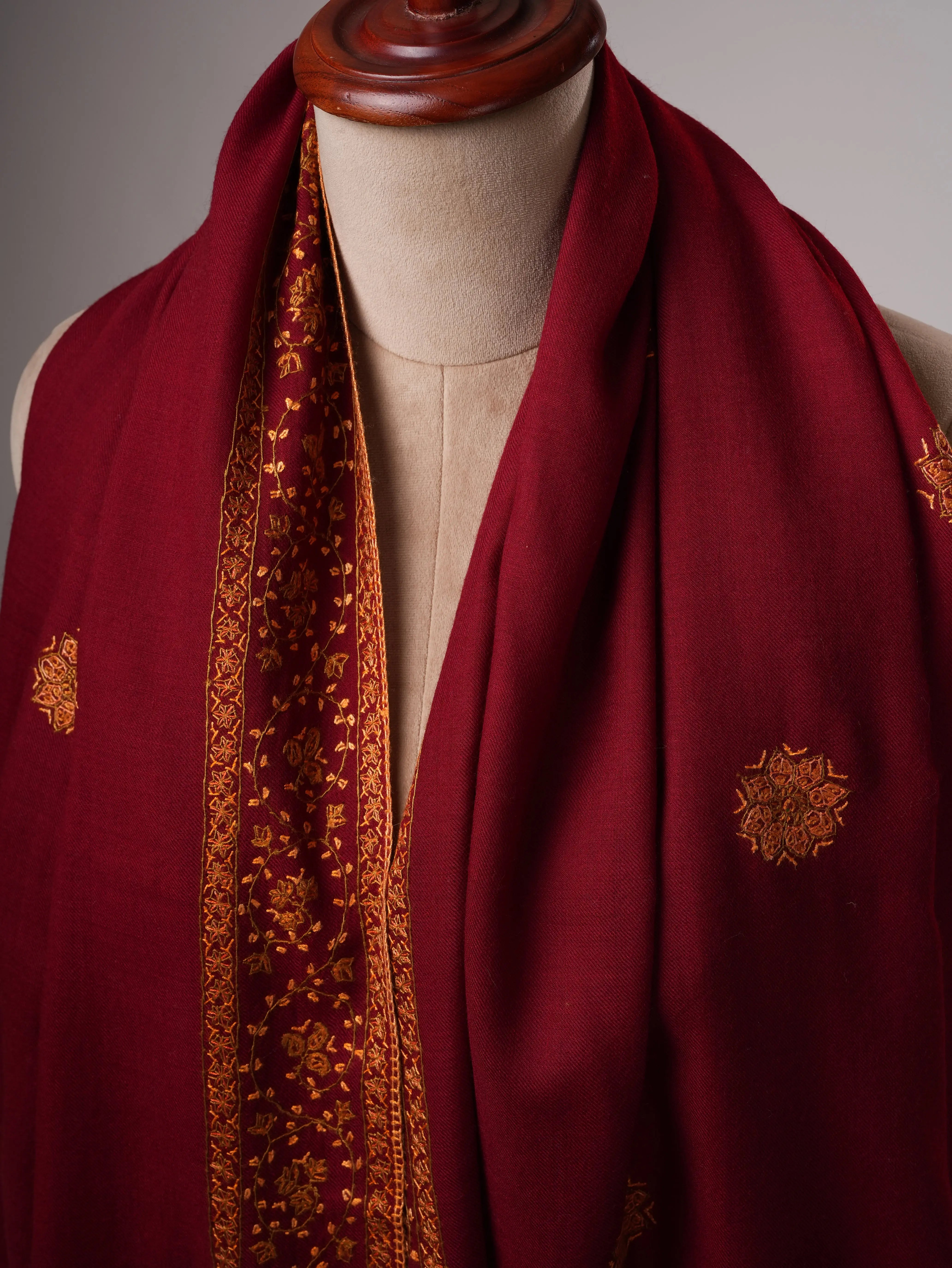 Fine Wool Maroon Shawl with Hand-Embroidered Buteh Daur Motifs Shahkaar
