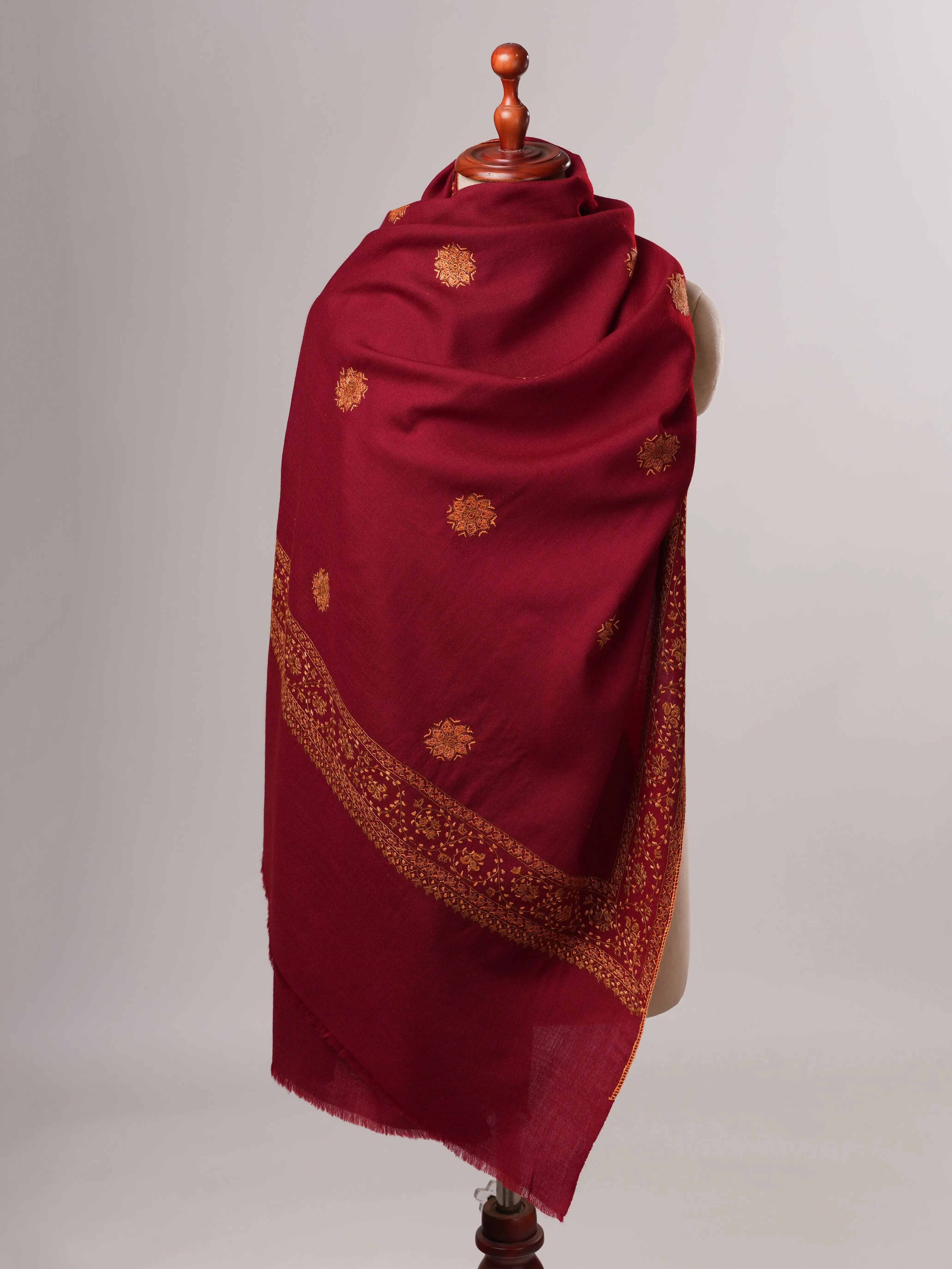 Fine Wool Maroon Shawl with Hand-Embroidered Buteh Daur Motifs Shahkaar