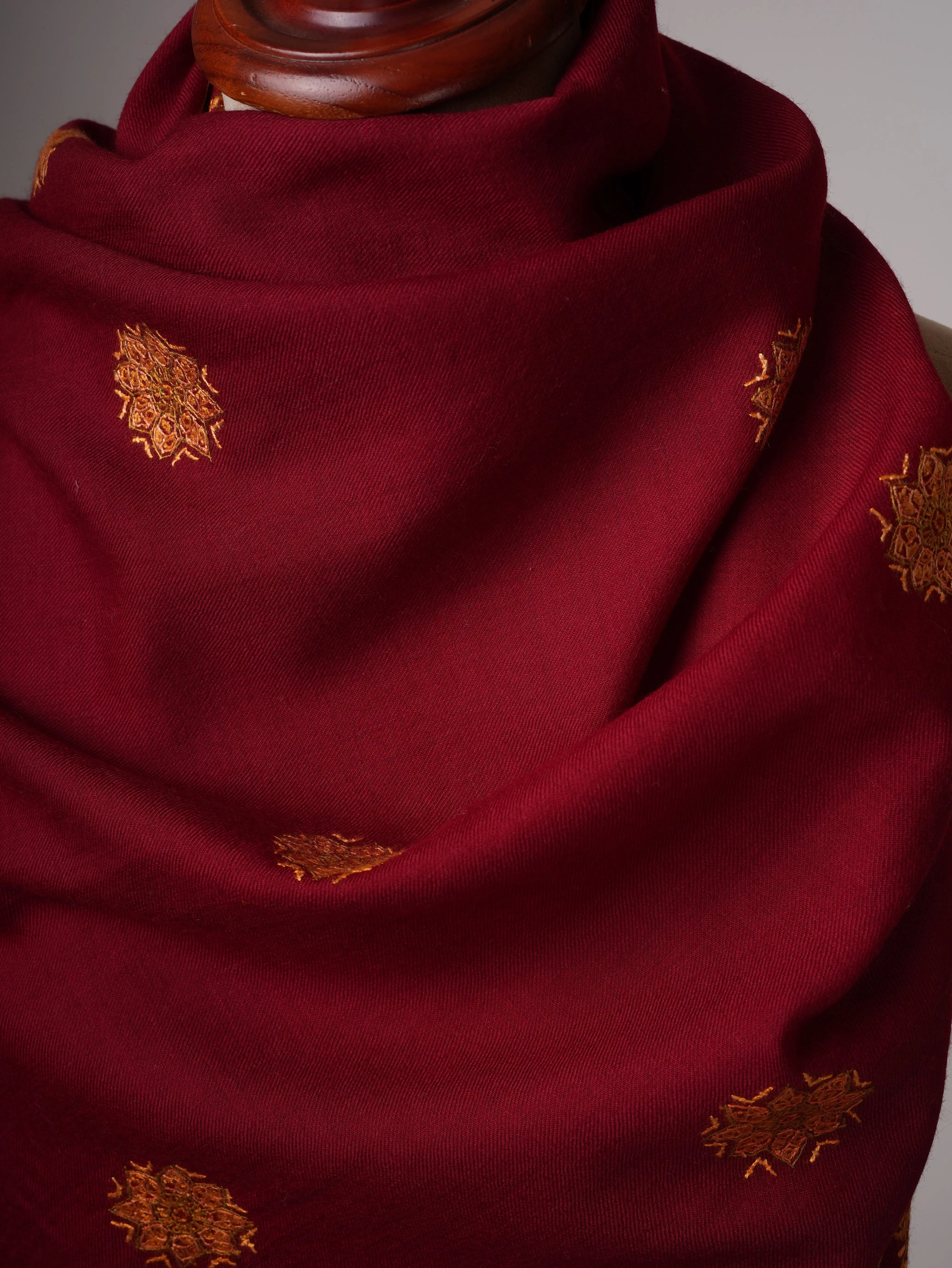 Fine Wool Maroon Shawl with Hand-Embroidered Buteh Daur Motifs Shahkaar