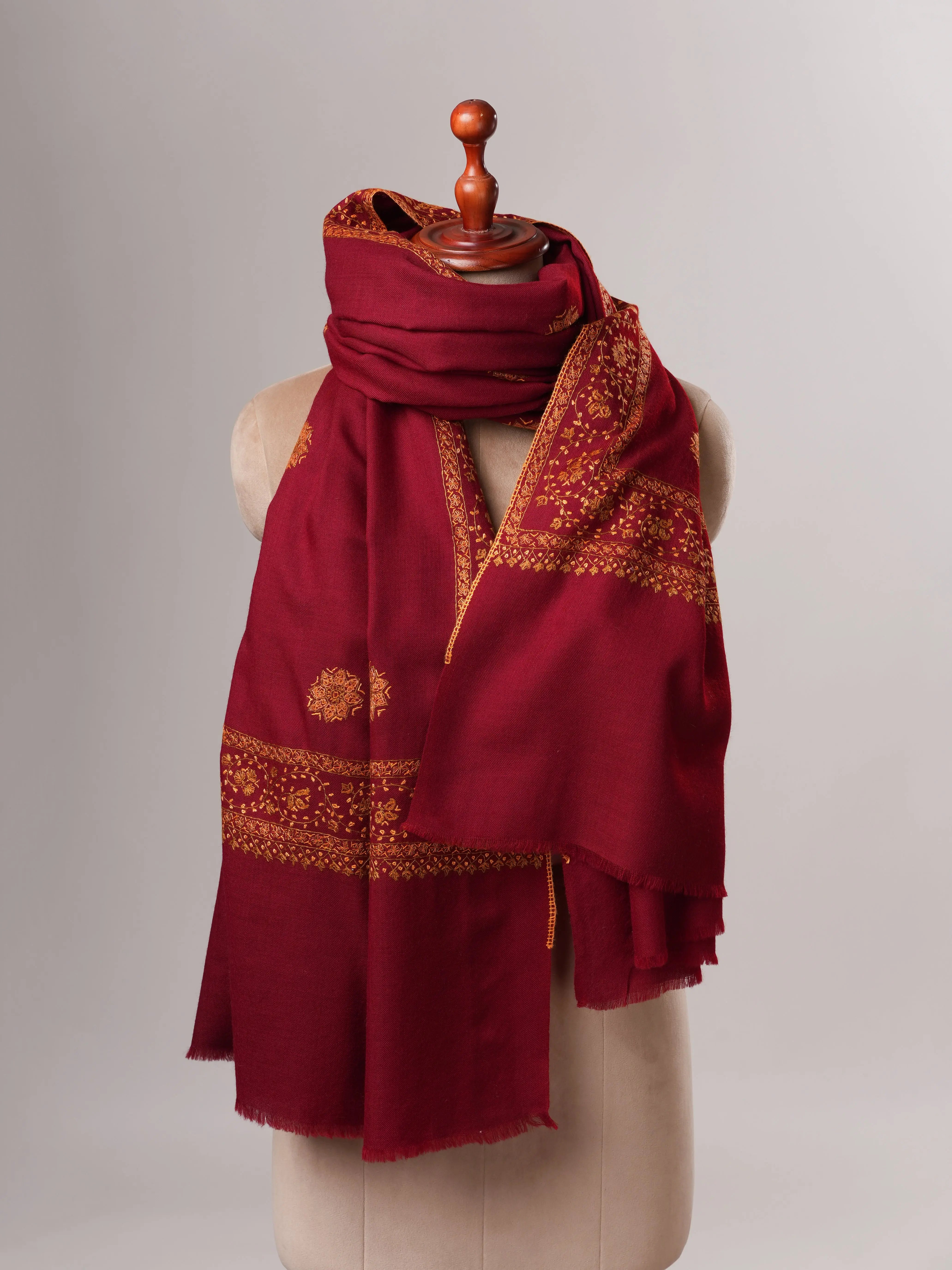 Fine Wool Maroon Shawl with Hand-Embroidered Buteh Daur Motifs Shahkaar