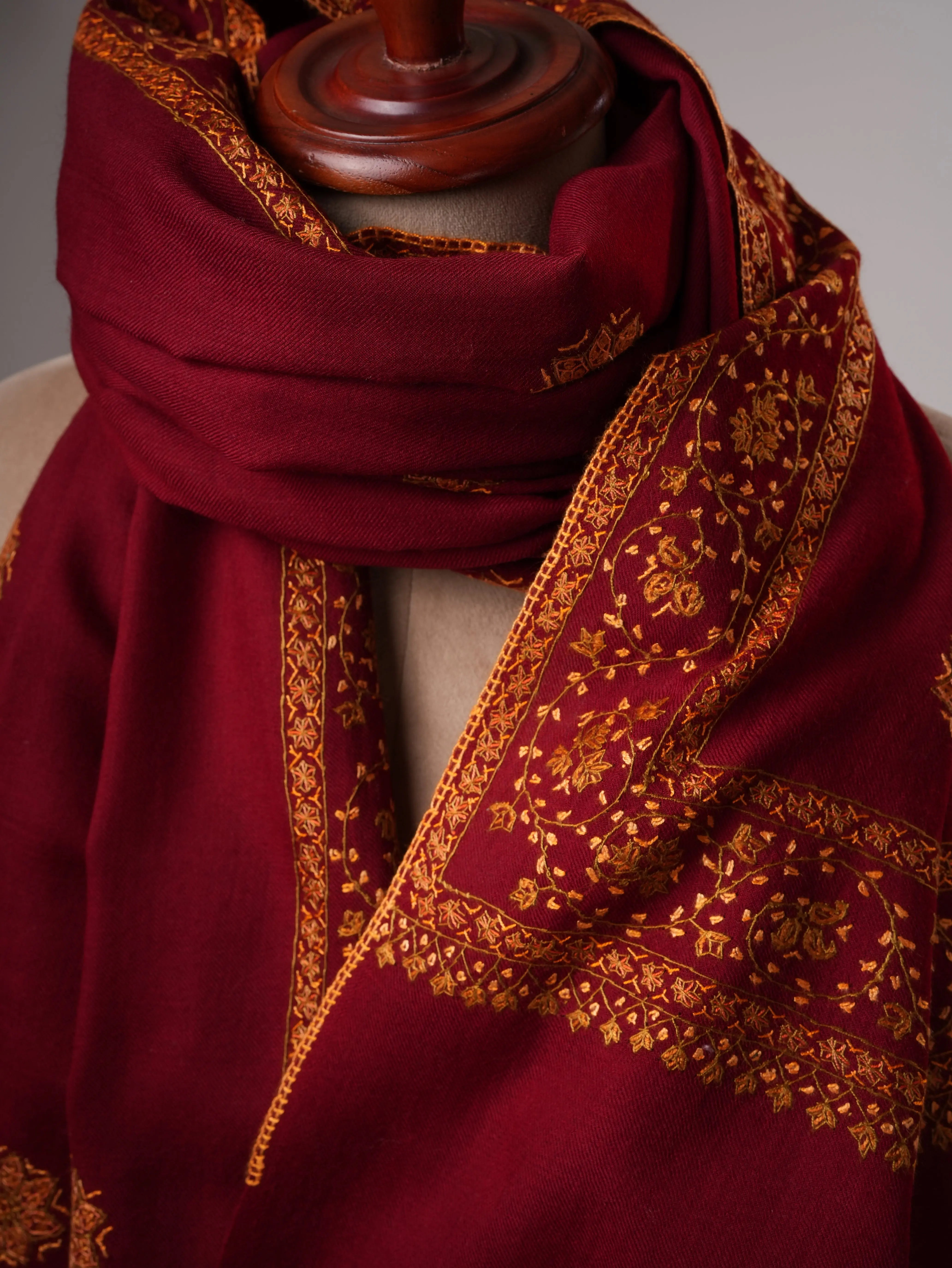 Fine Wool Maroon Shawl with Hand-Embroidered Buteh Daur Motifs Shahkaar