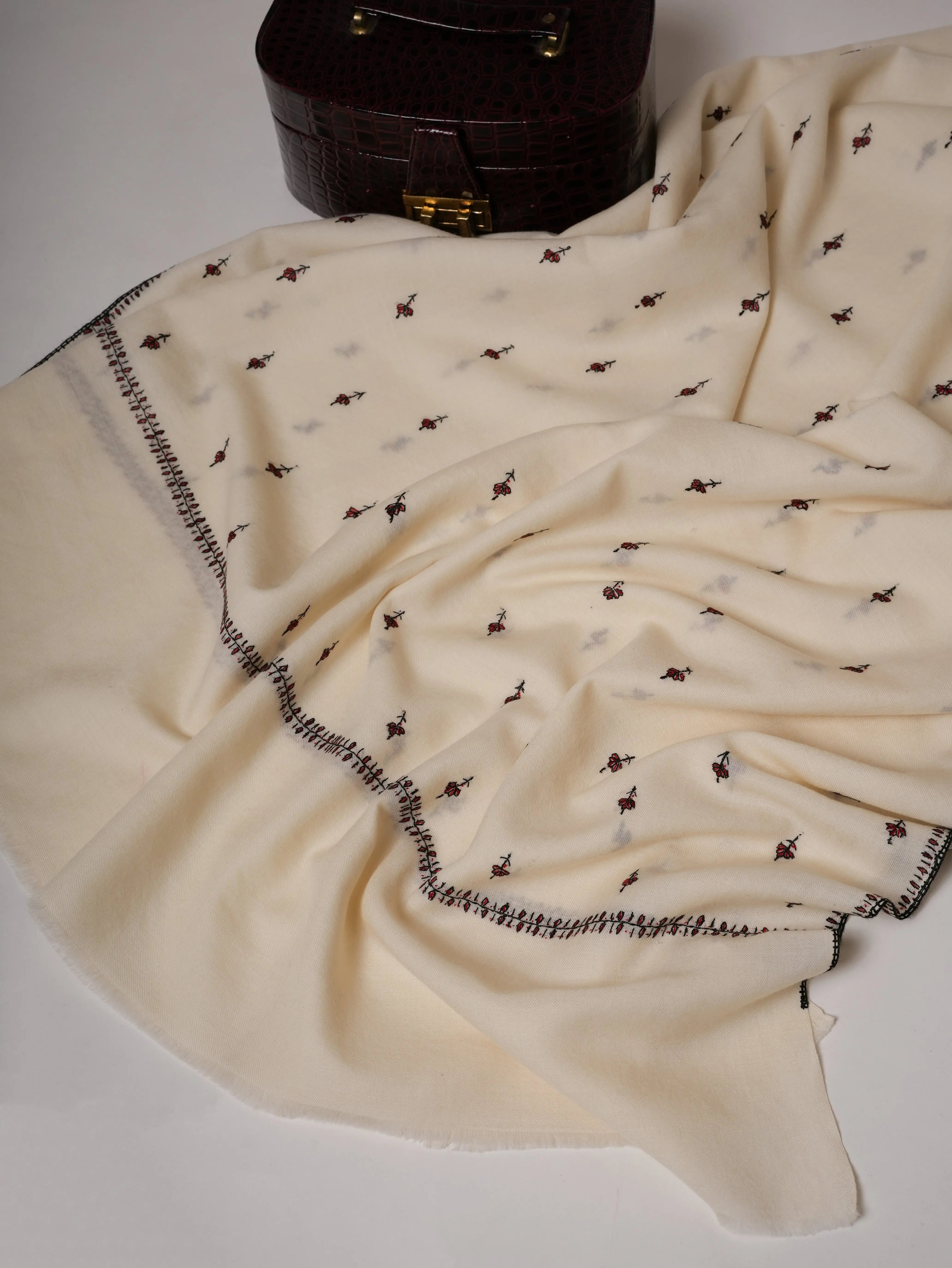White Fine Wool Hand Embroidered Machie Booti Shawl Shahkaar