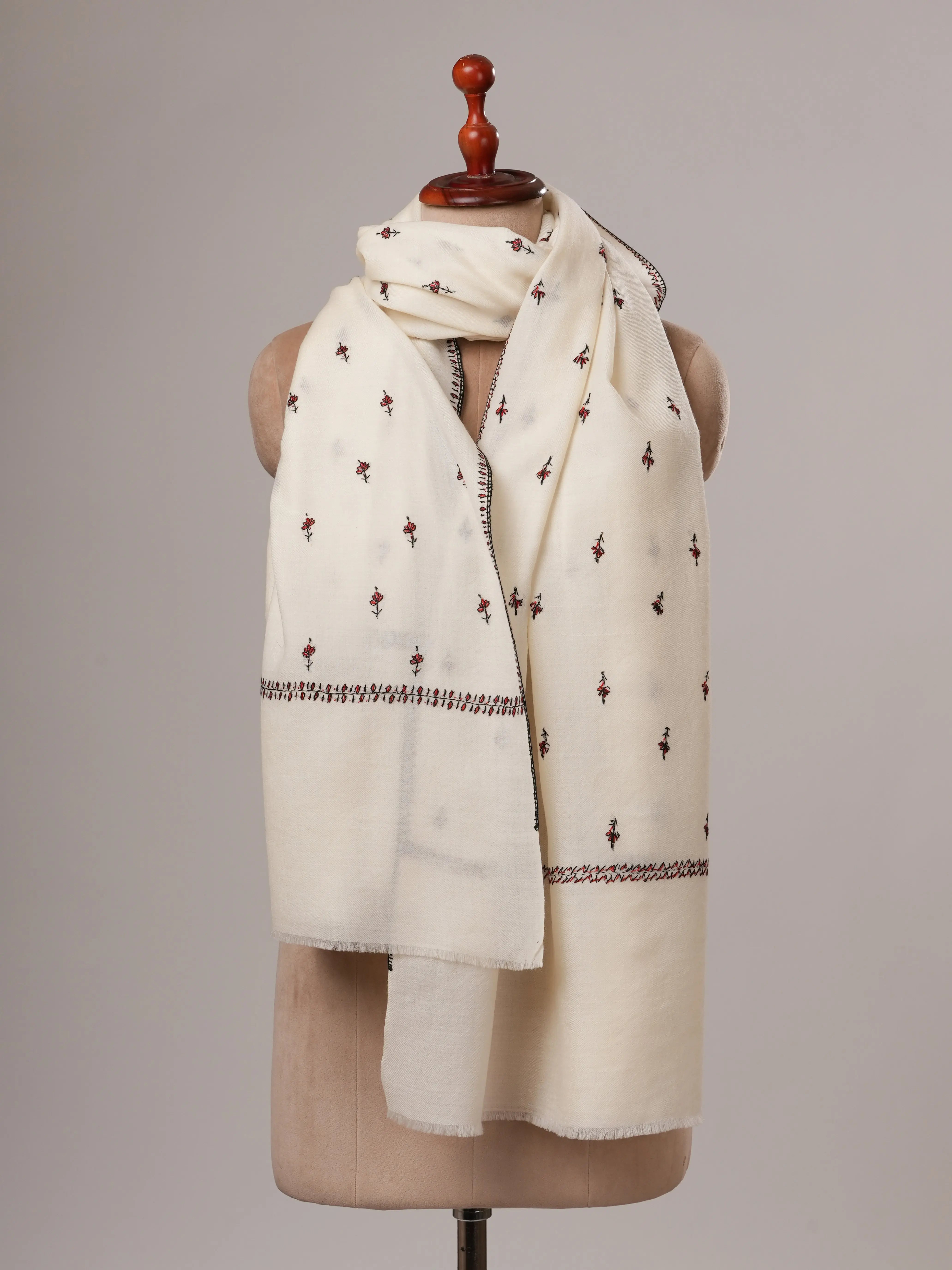 White Fine Wool Hand Embroidered Machie Booti Shawl Shahkaar