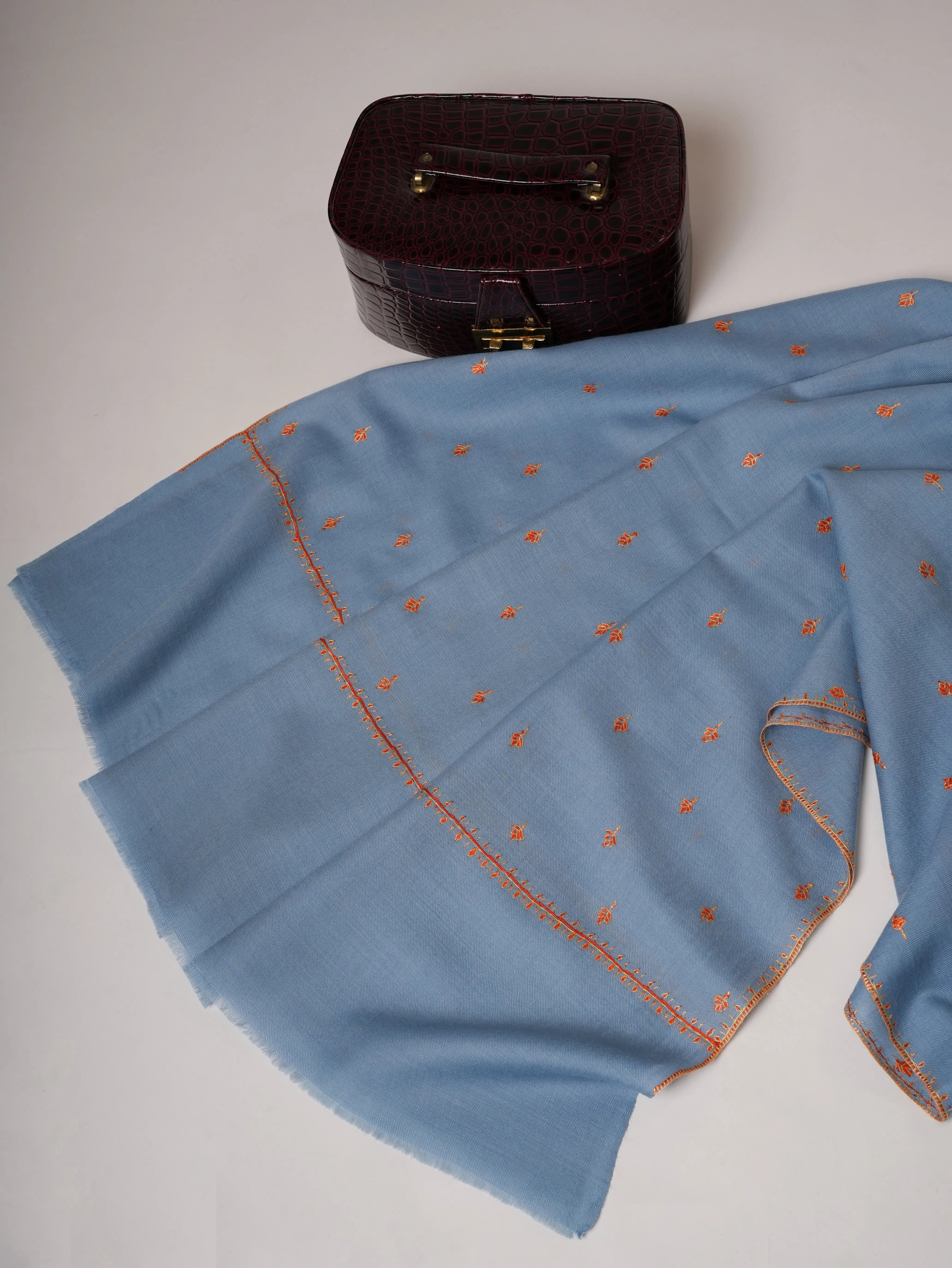 Baby Blue Fine Wool Machie Booti Shawl Shahkaar