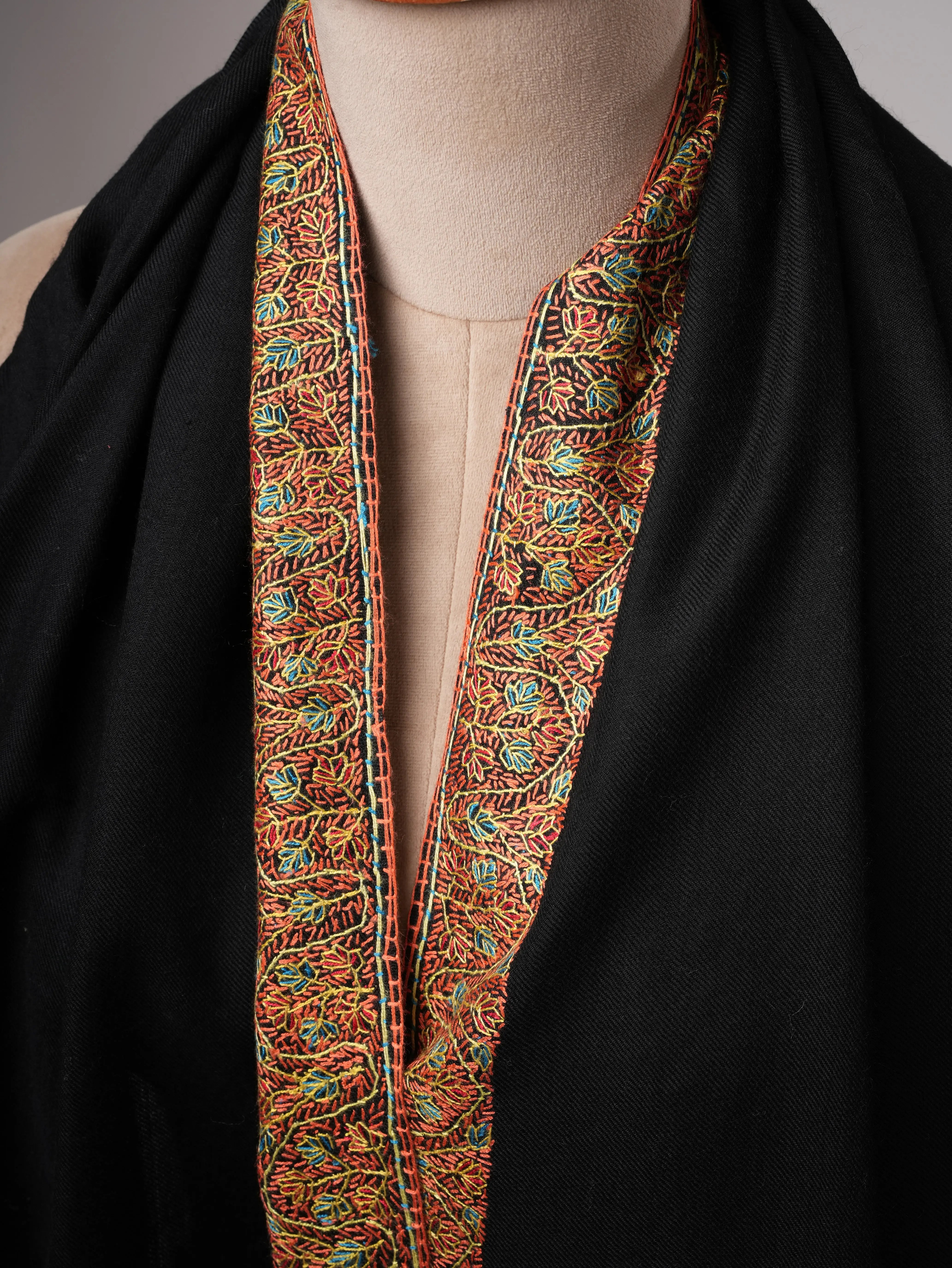 Black Fine Wool Hand Embroidered Neemdaur Shawl Shahkaar