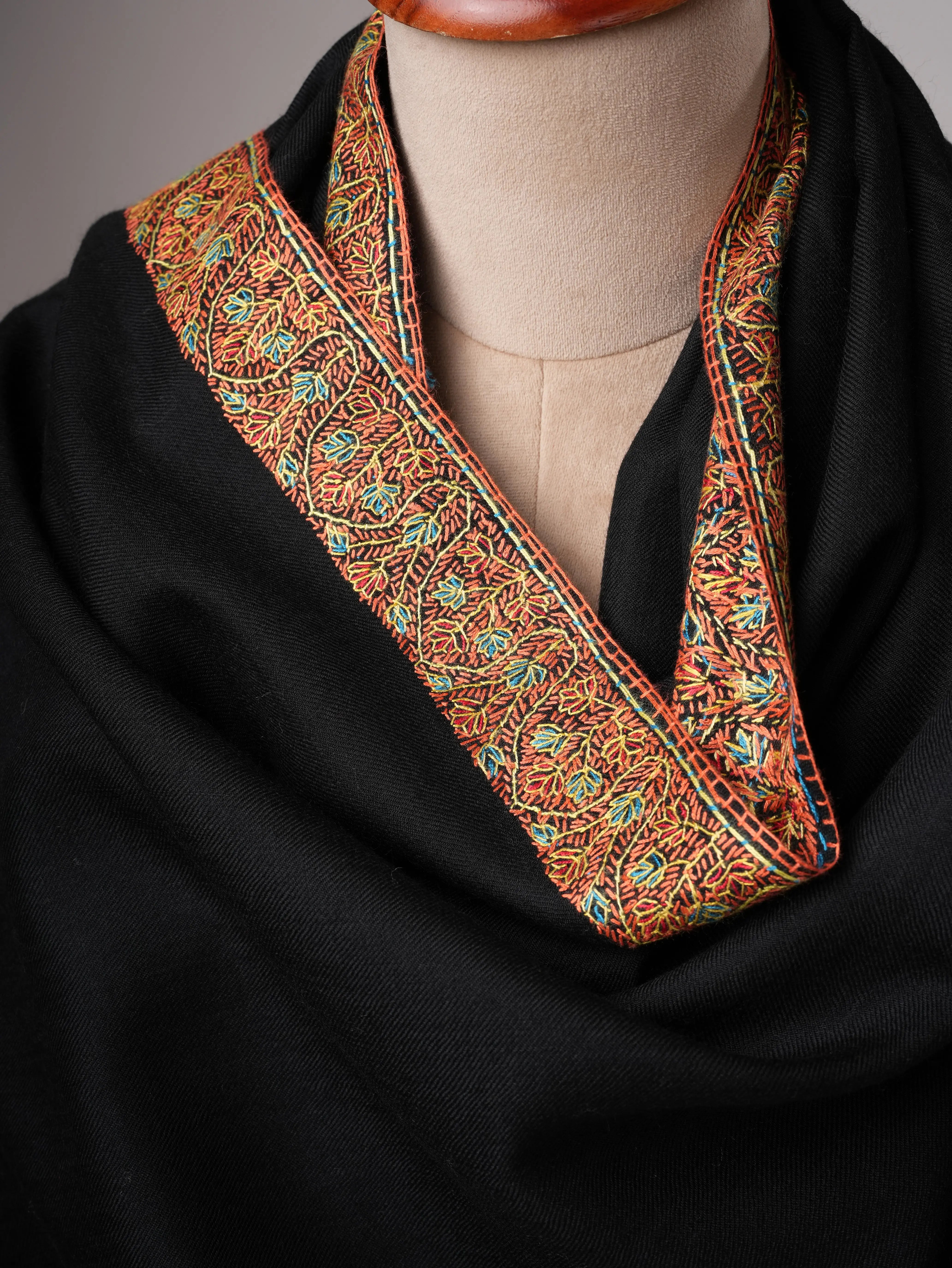 Black Fine Wool Hand Embroidered Neemdaur Shawl Shahkaar