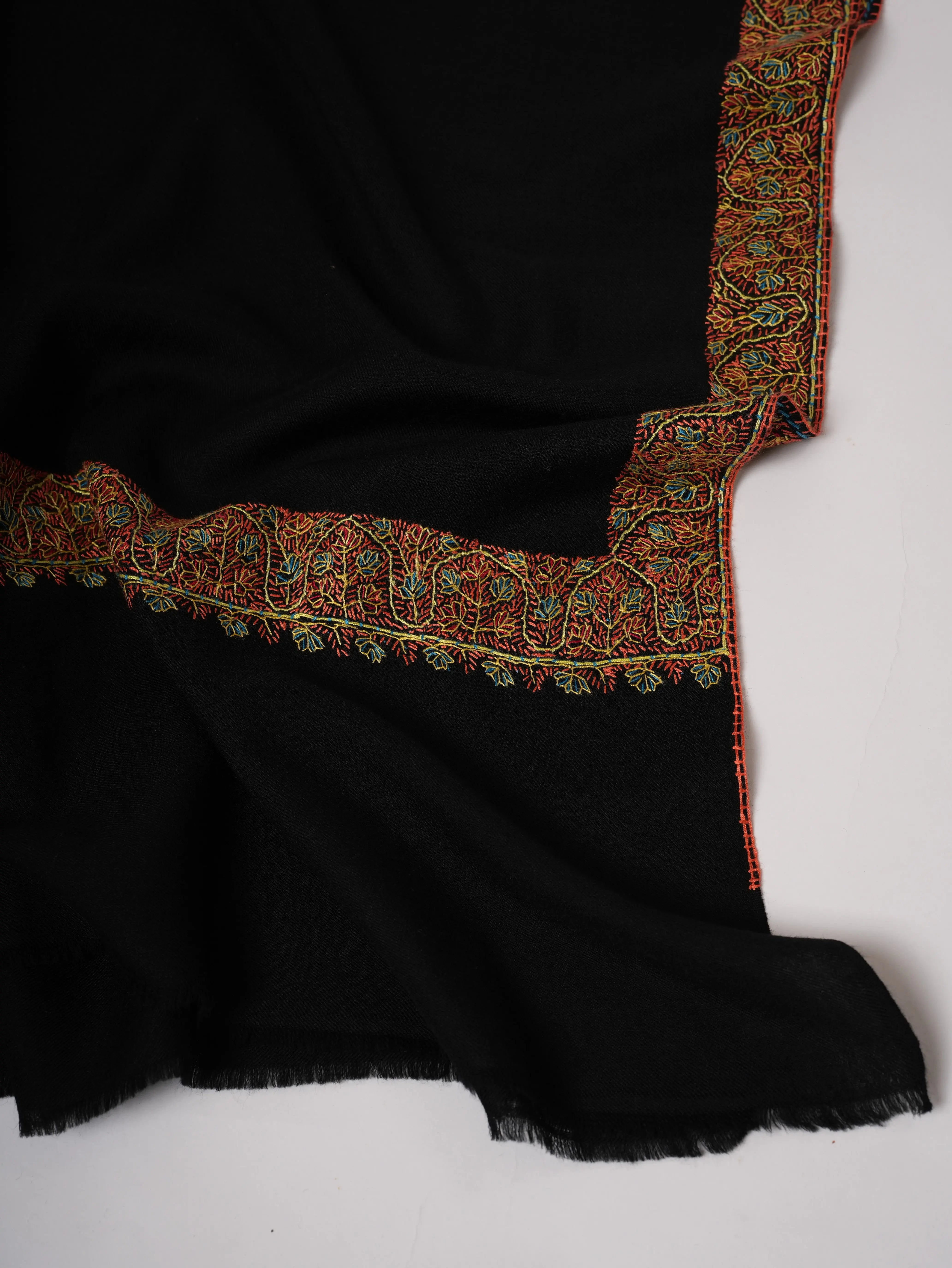 Black Fine Wool Hand Embroidered Neemdaur Shawl Shahkaar