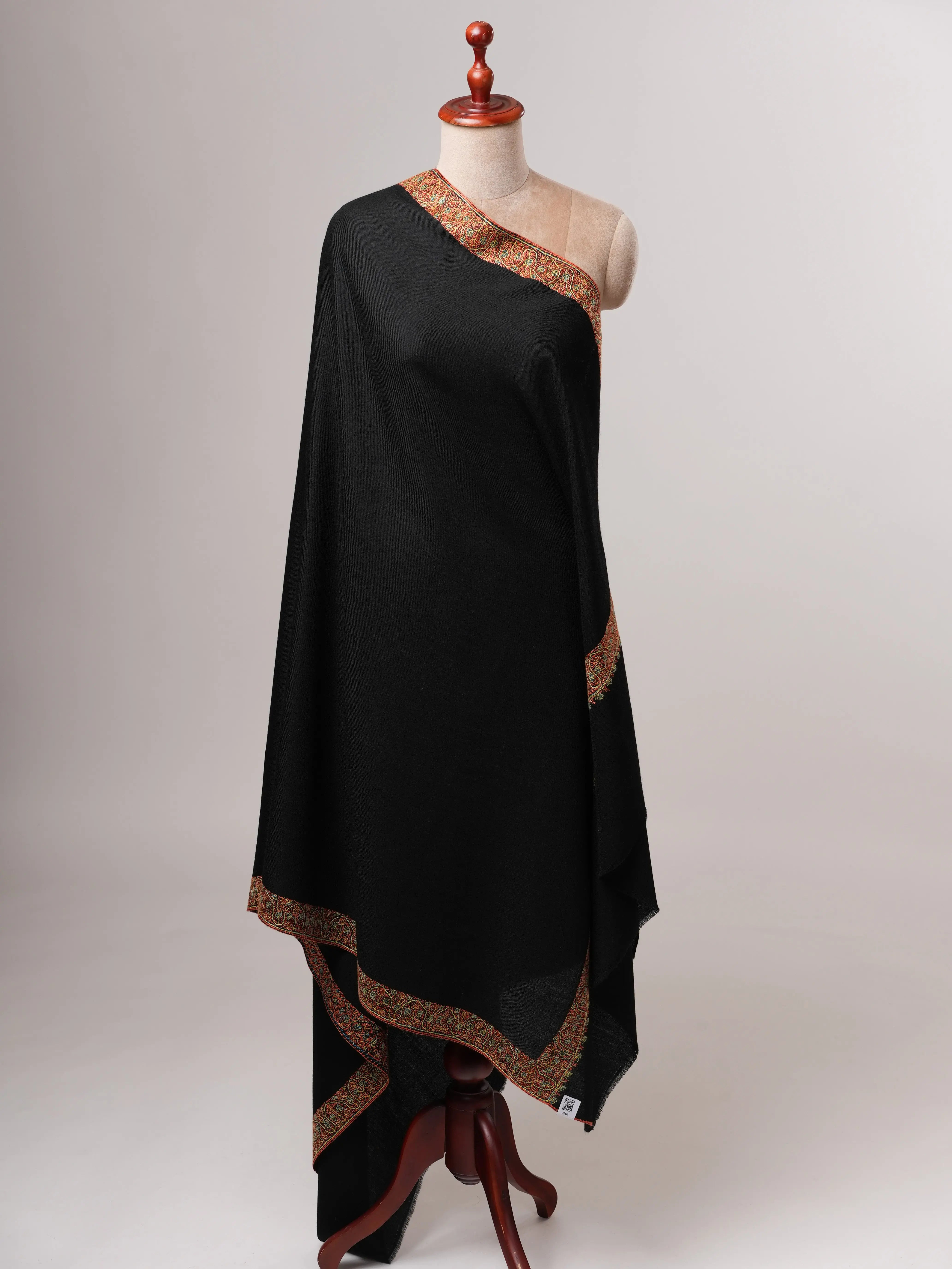 Black Fine Wool Hand Embroidered Neemdaur Shawl Shahkaar