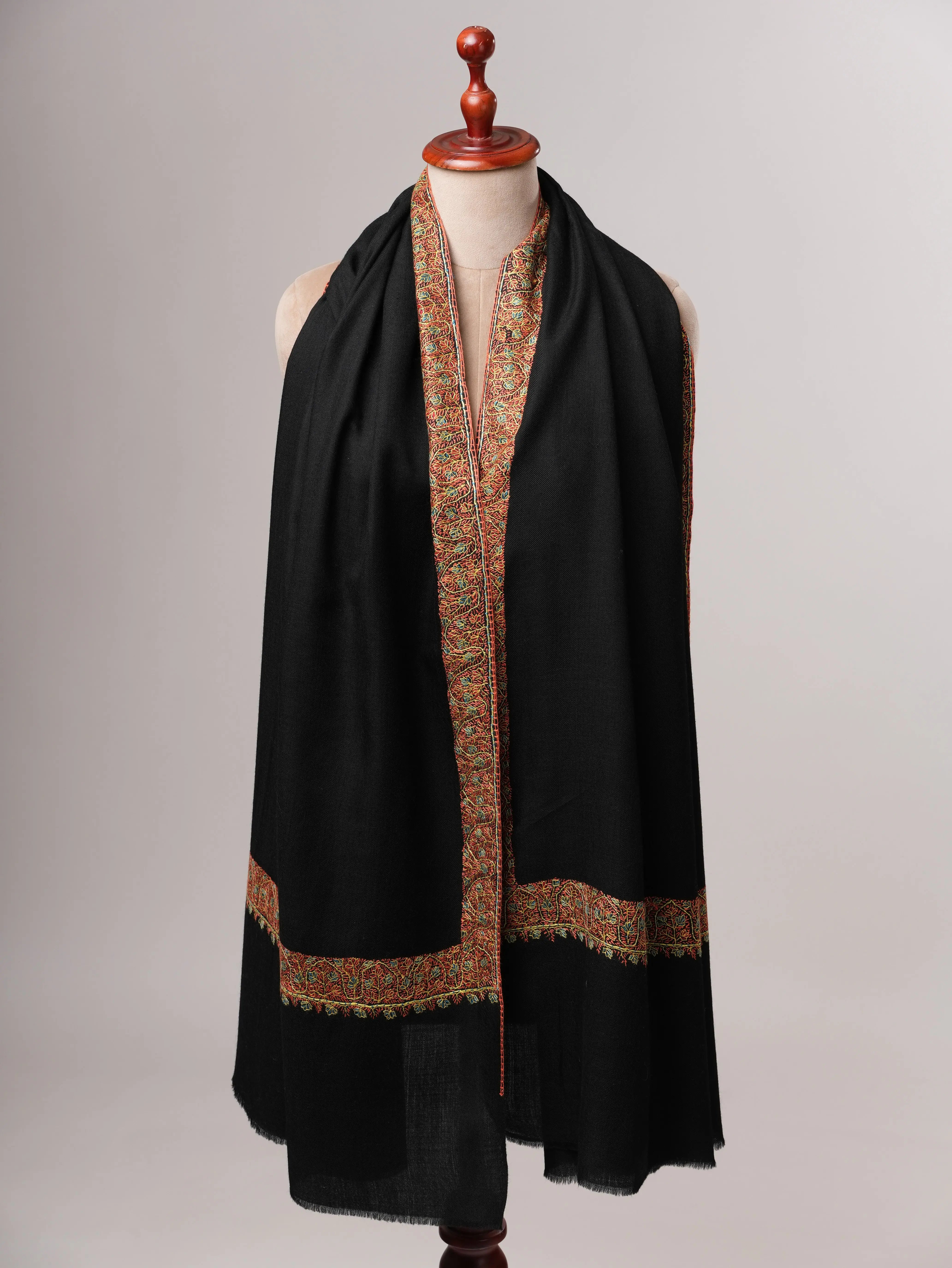 Black Fine Wool Hand Embroidered Neemdaur Shawl Shahkaar