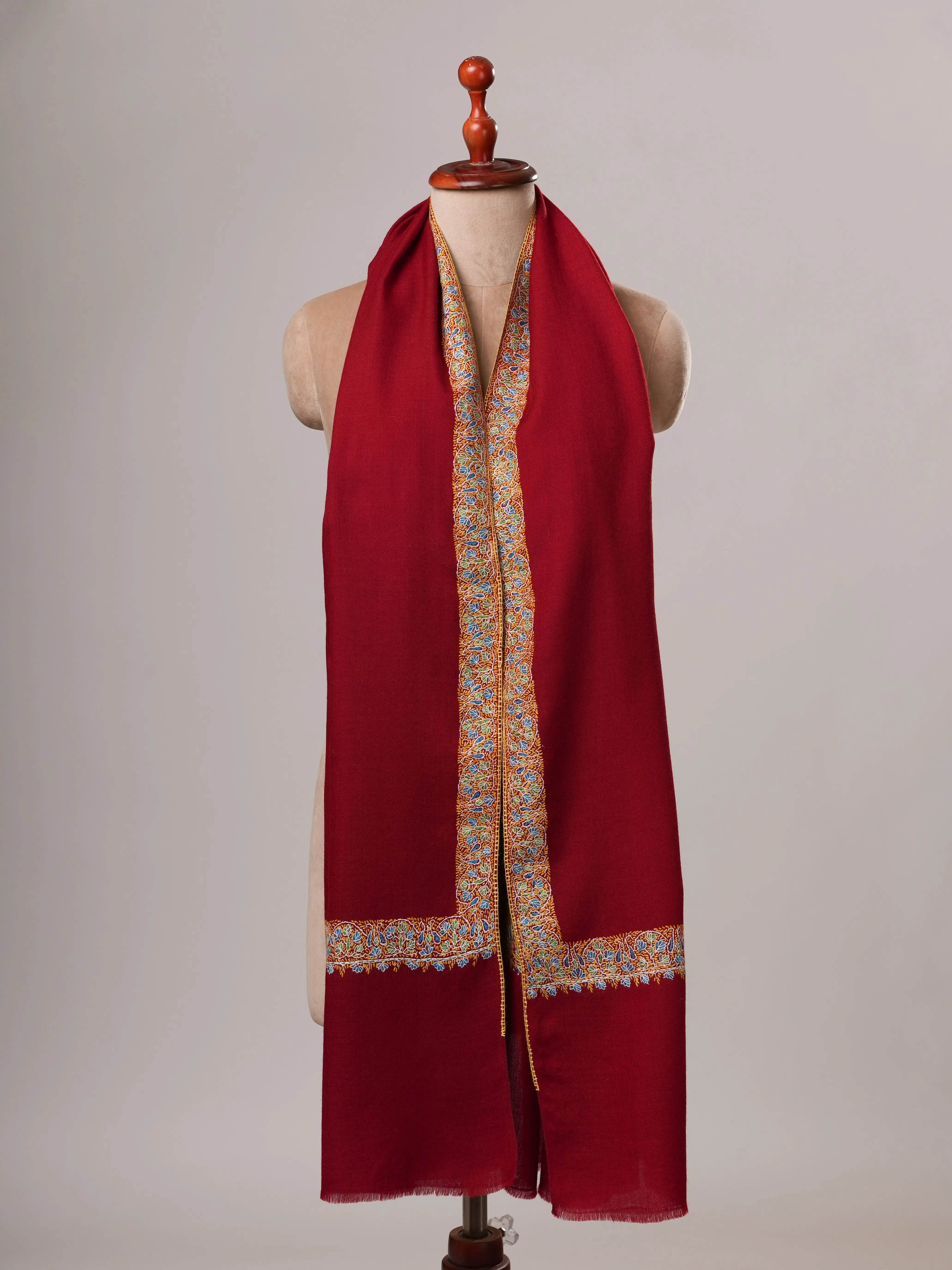 Red Neemdaur Hand Embroidered Pure Wool Soft Shawl Shahkaar