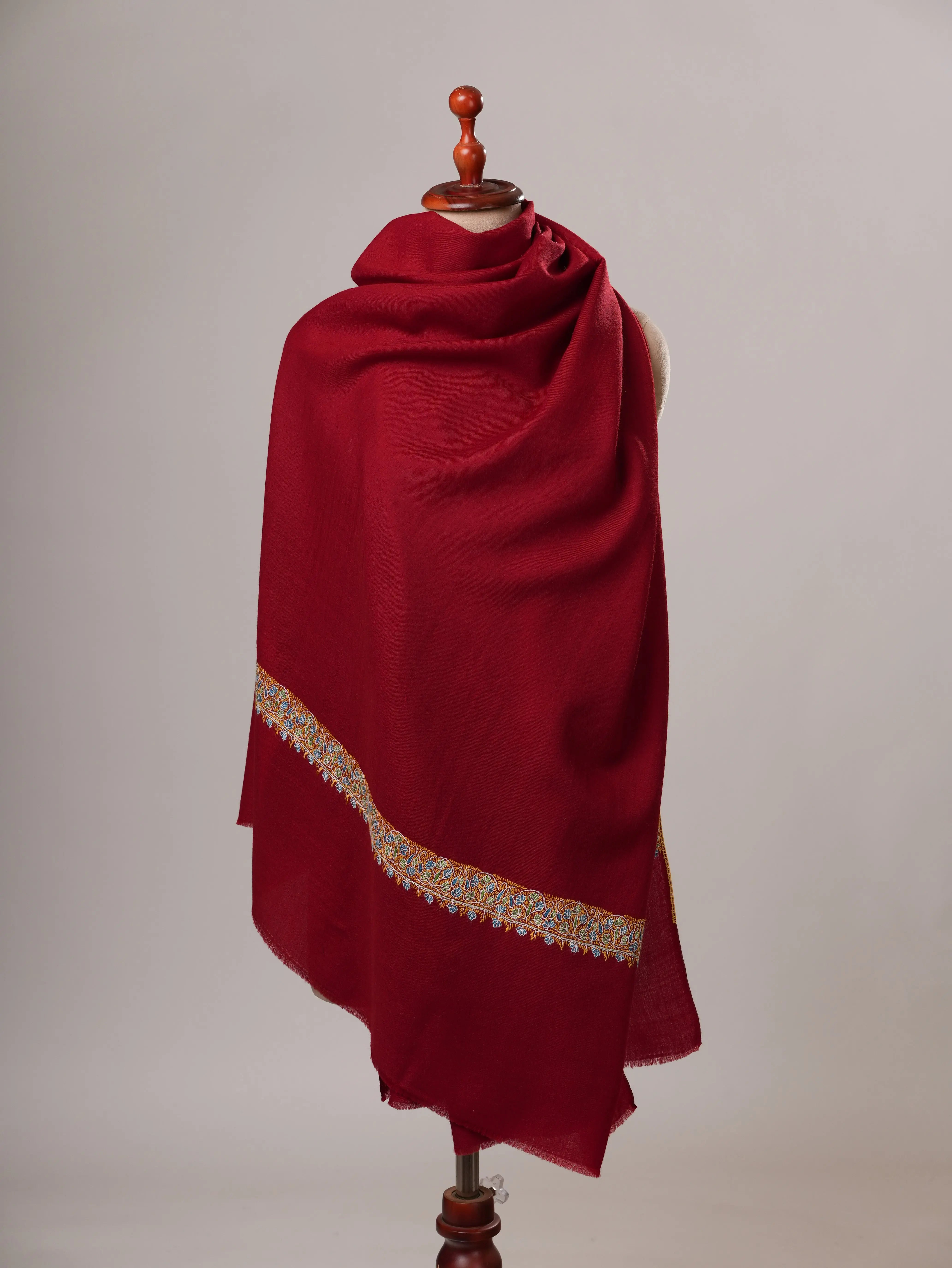 Red Neemdaur Hand Embroidered Pure Wool Soft Shawl Shahkaar