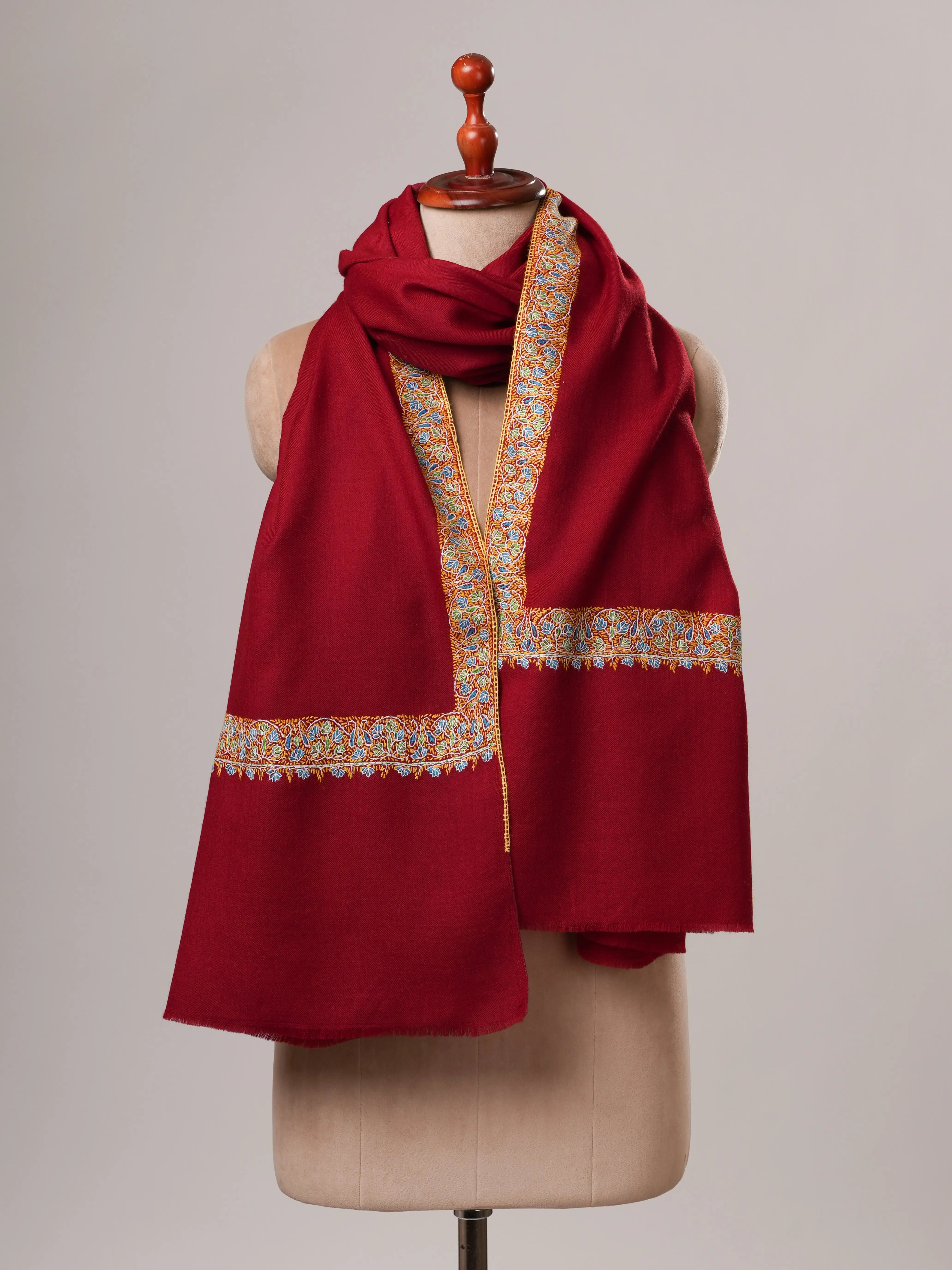 Red Neemdaur Hand Embroidered Pure Wool Soft Shawl Shahkaar