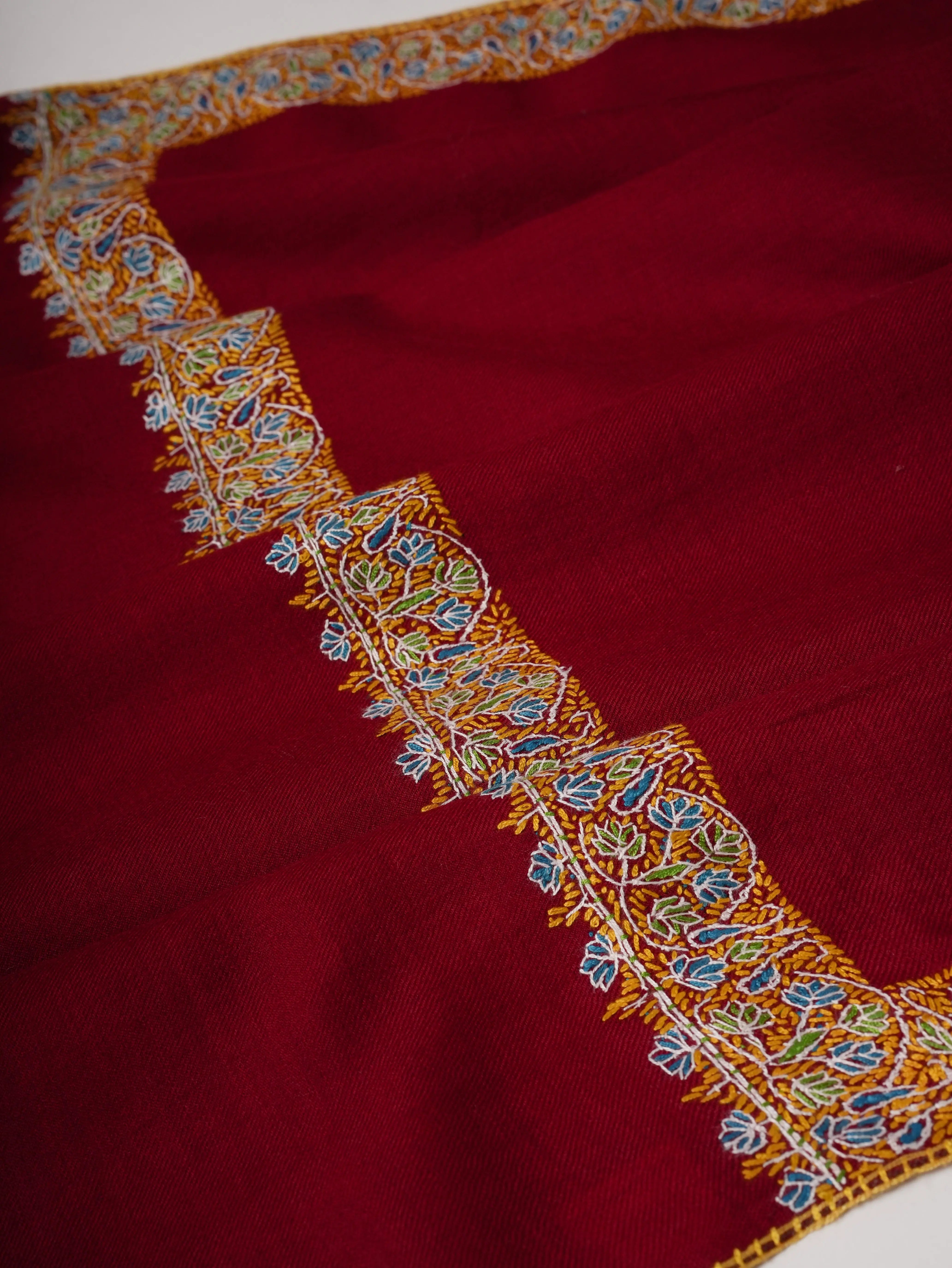 Red Neemdaur Hand Embroidered Pure Wool Soft Shawl Shahkaar
