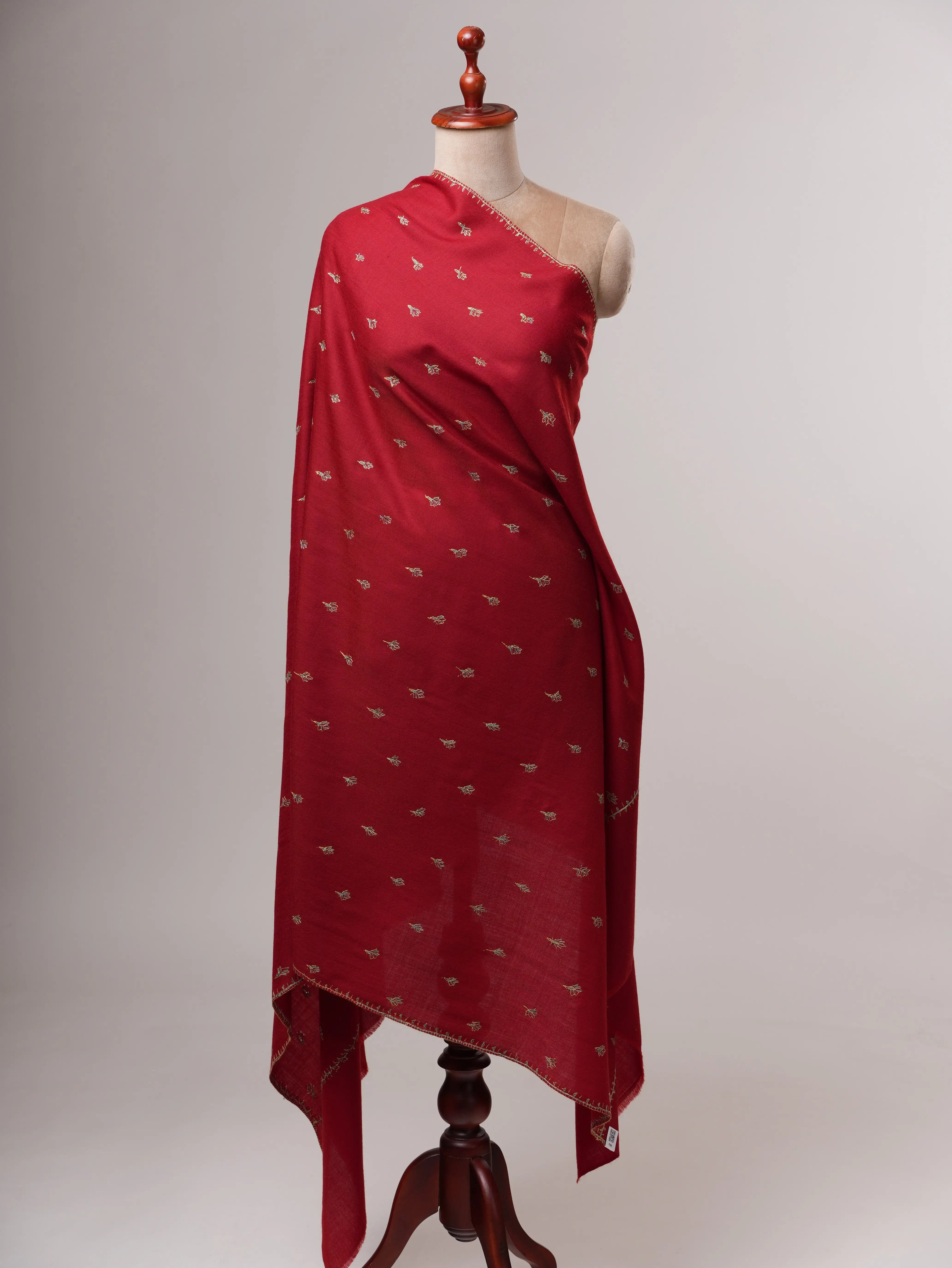 Maroon Fine Wool Hand Embroidered Machie Booti Shawl Shahkaar