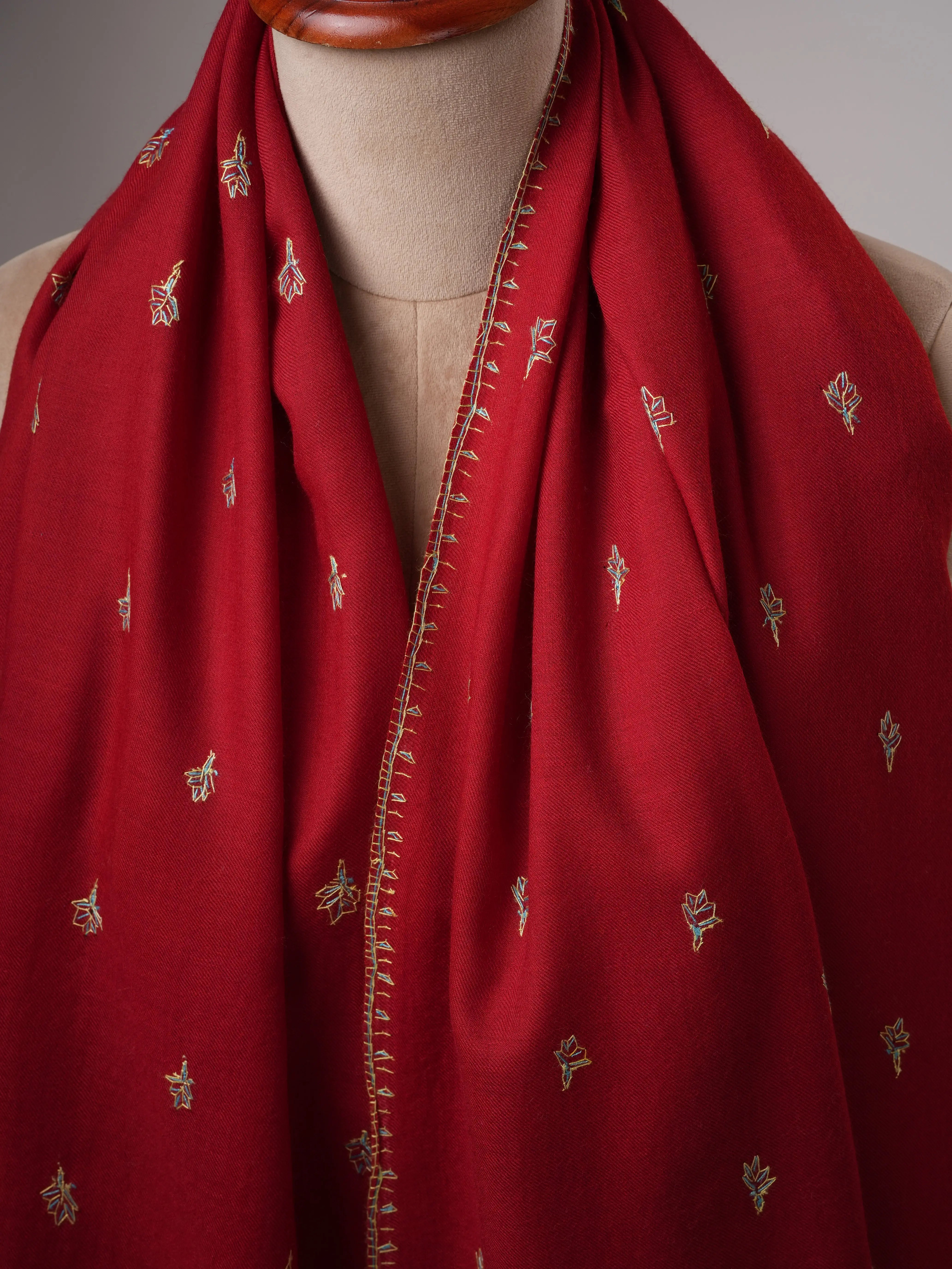 Maroon Fine Wool Hand Embroidered Machie Booti Shawl Shahkaar