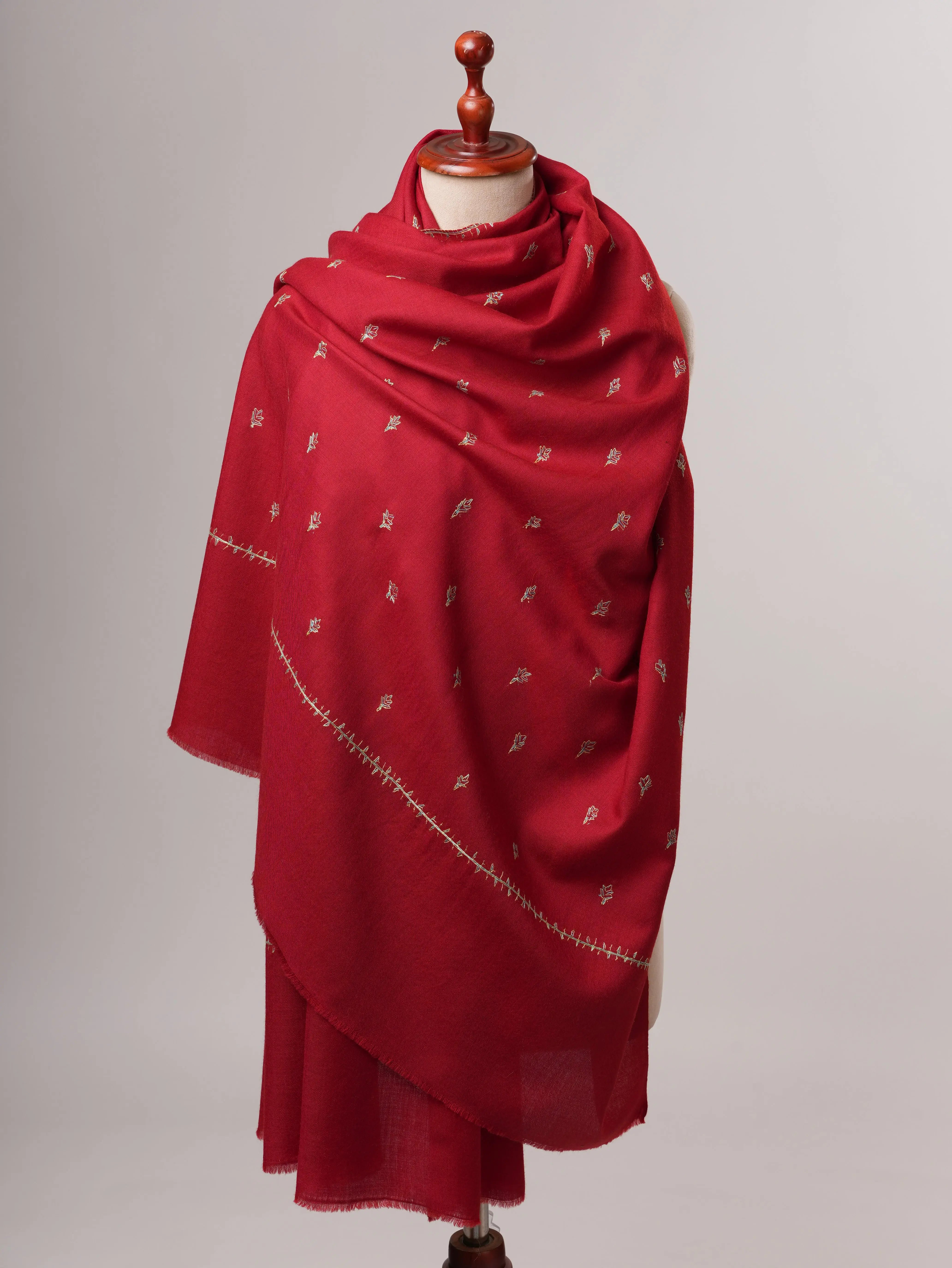 Maroon Fine Wool Hand Embroidered Machie Booti Shawl Shahkaar