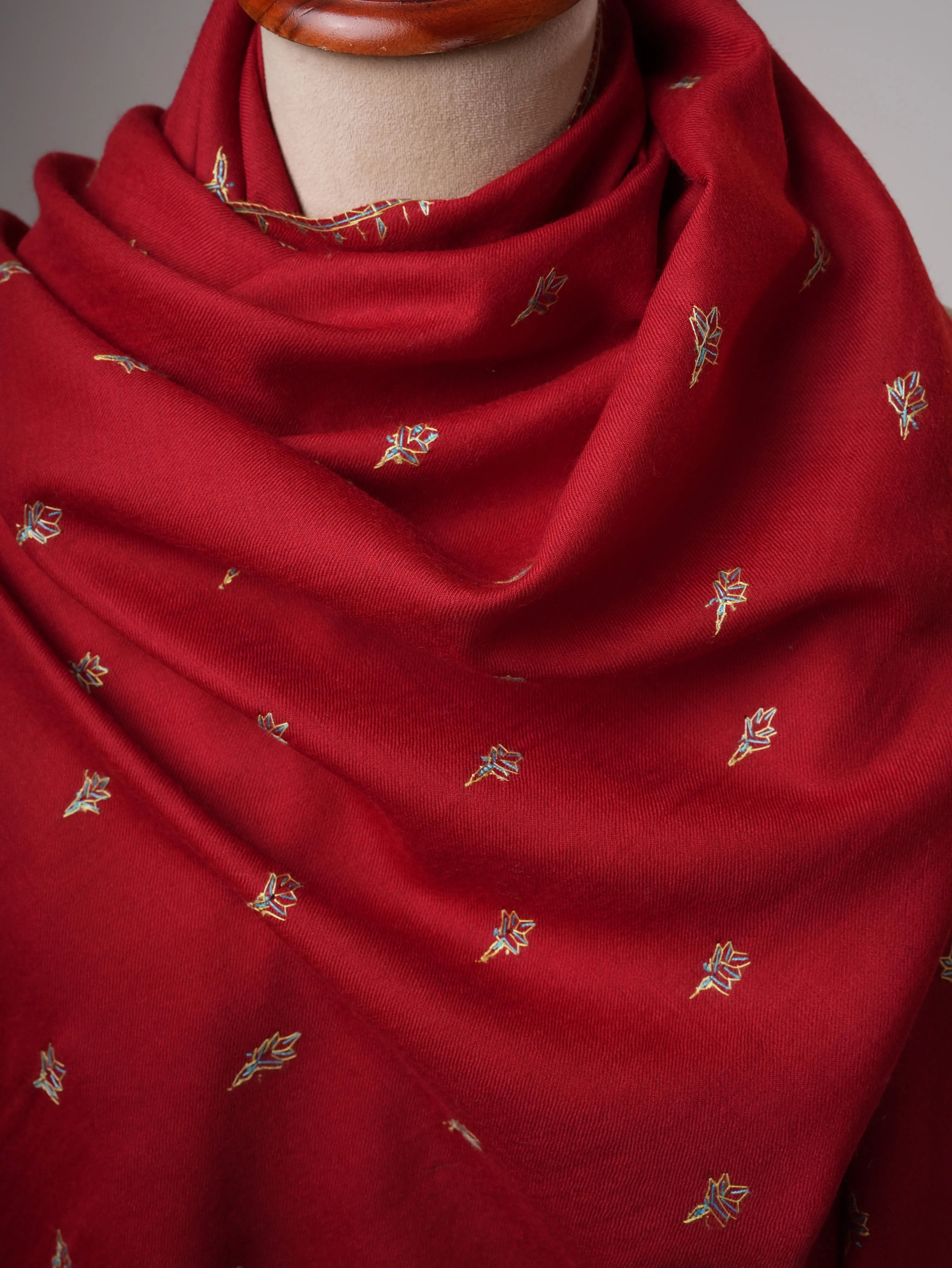 Maroon Fine Wool Hand Embroidered Machie Booti Shawl Shahkaar