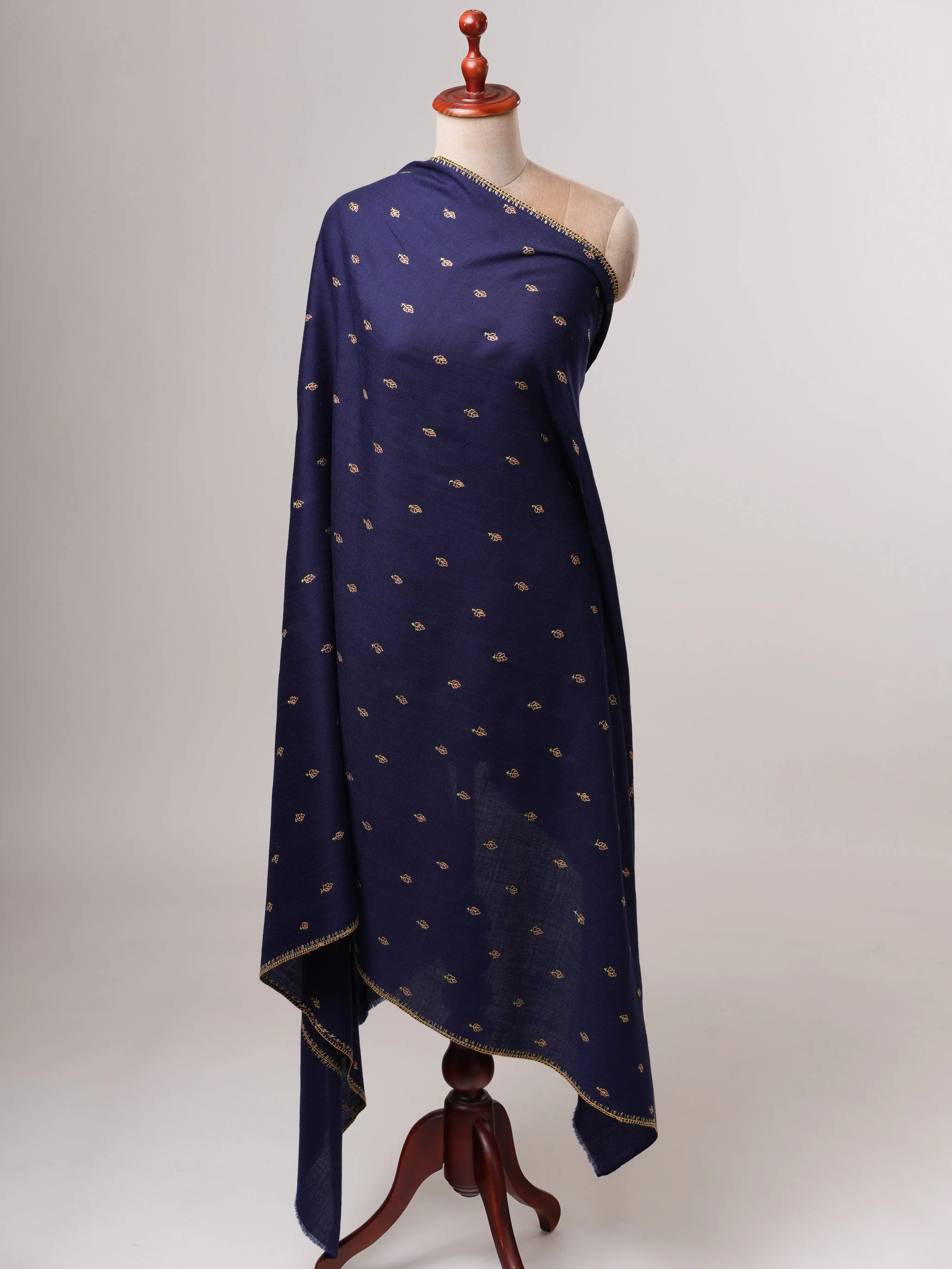 Mache Booti Navy Blue Fine Wool Hand Embroidered Shawl Shahkaar
