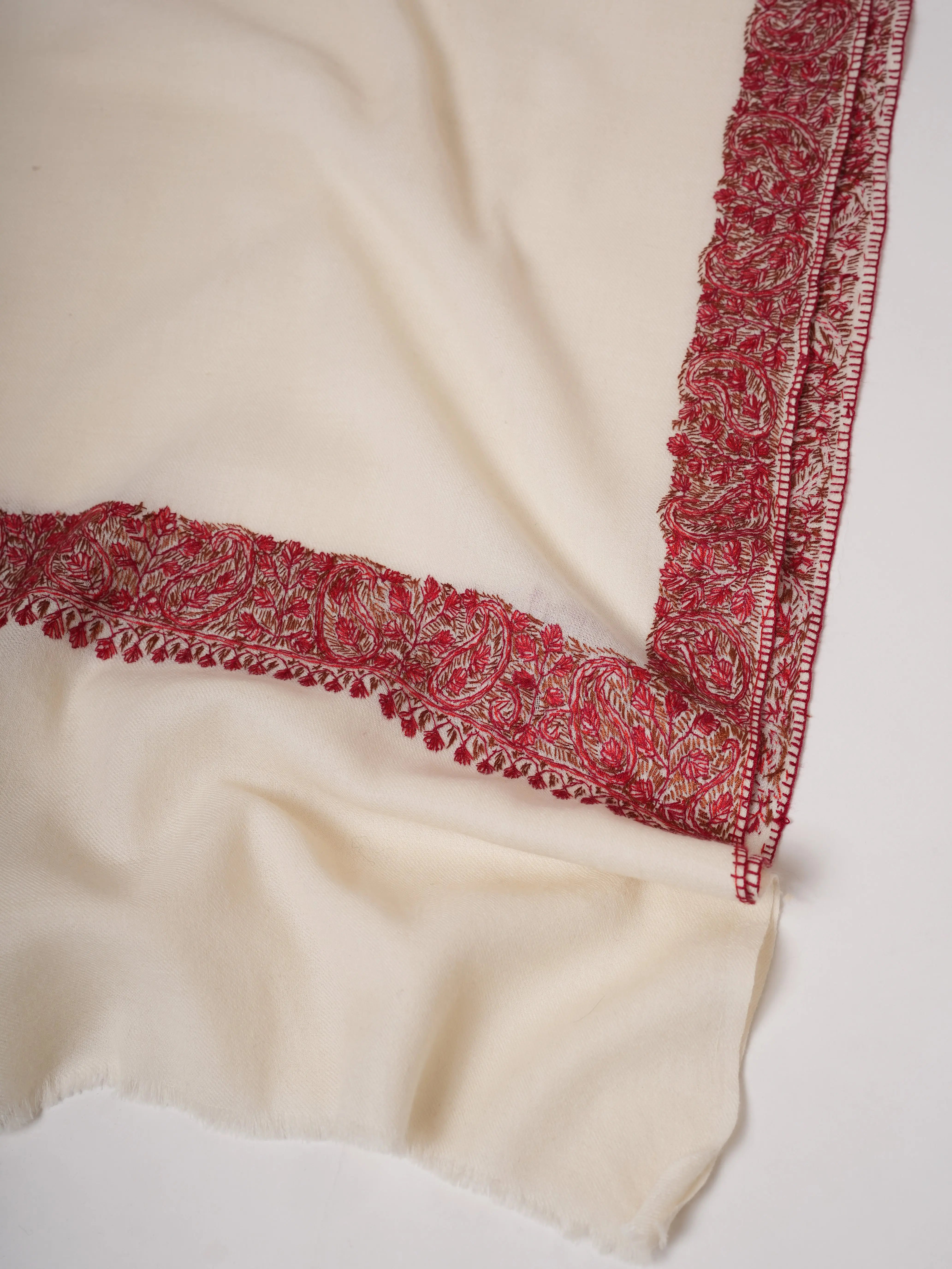 White Fine Wool Shawl with Neemdaur Hand Embroidery Shahkaar
