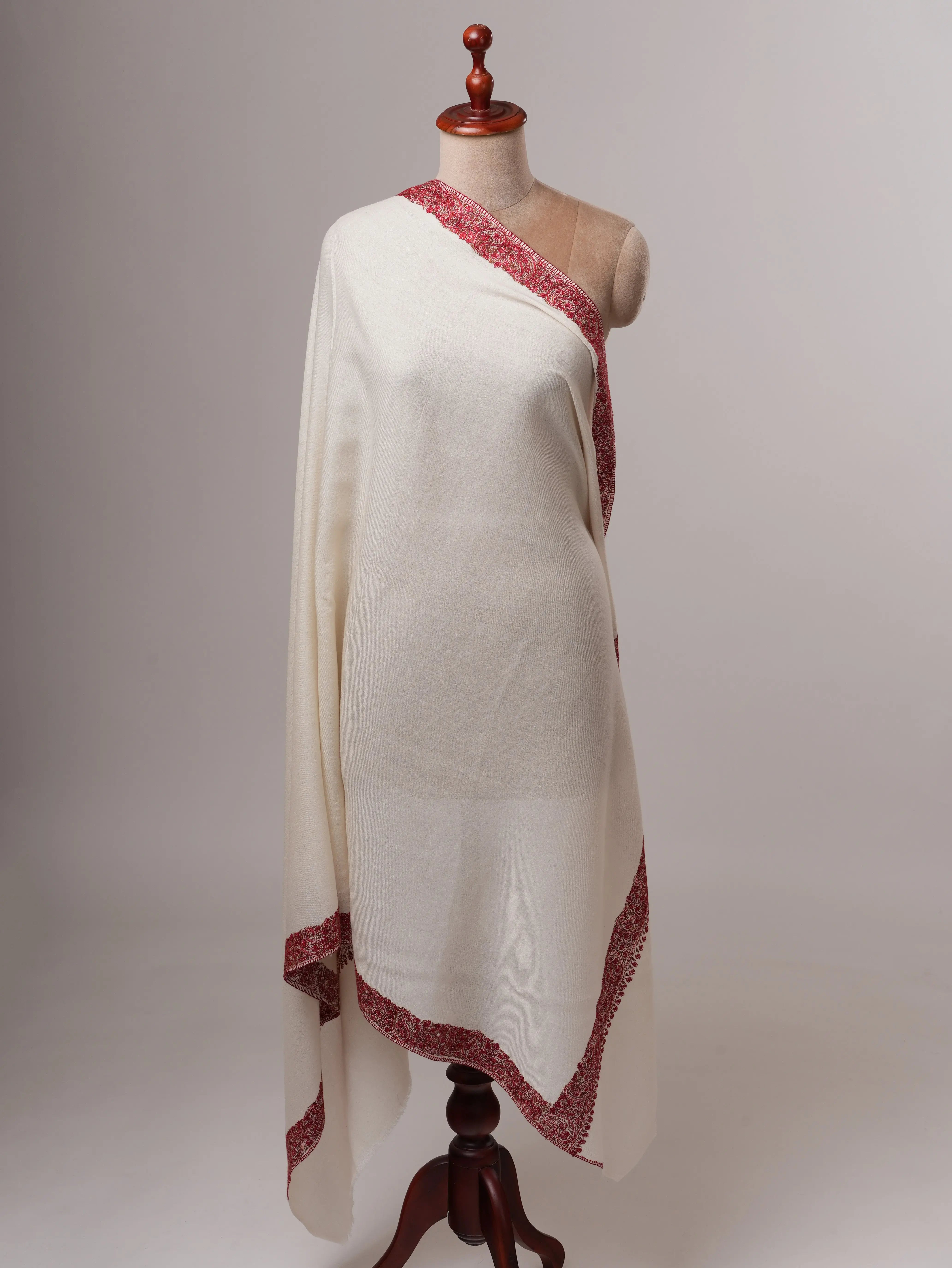 White Fine Wool Shawl with Neemdaur Hand Embroidery Shahkaar