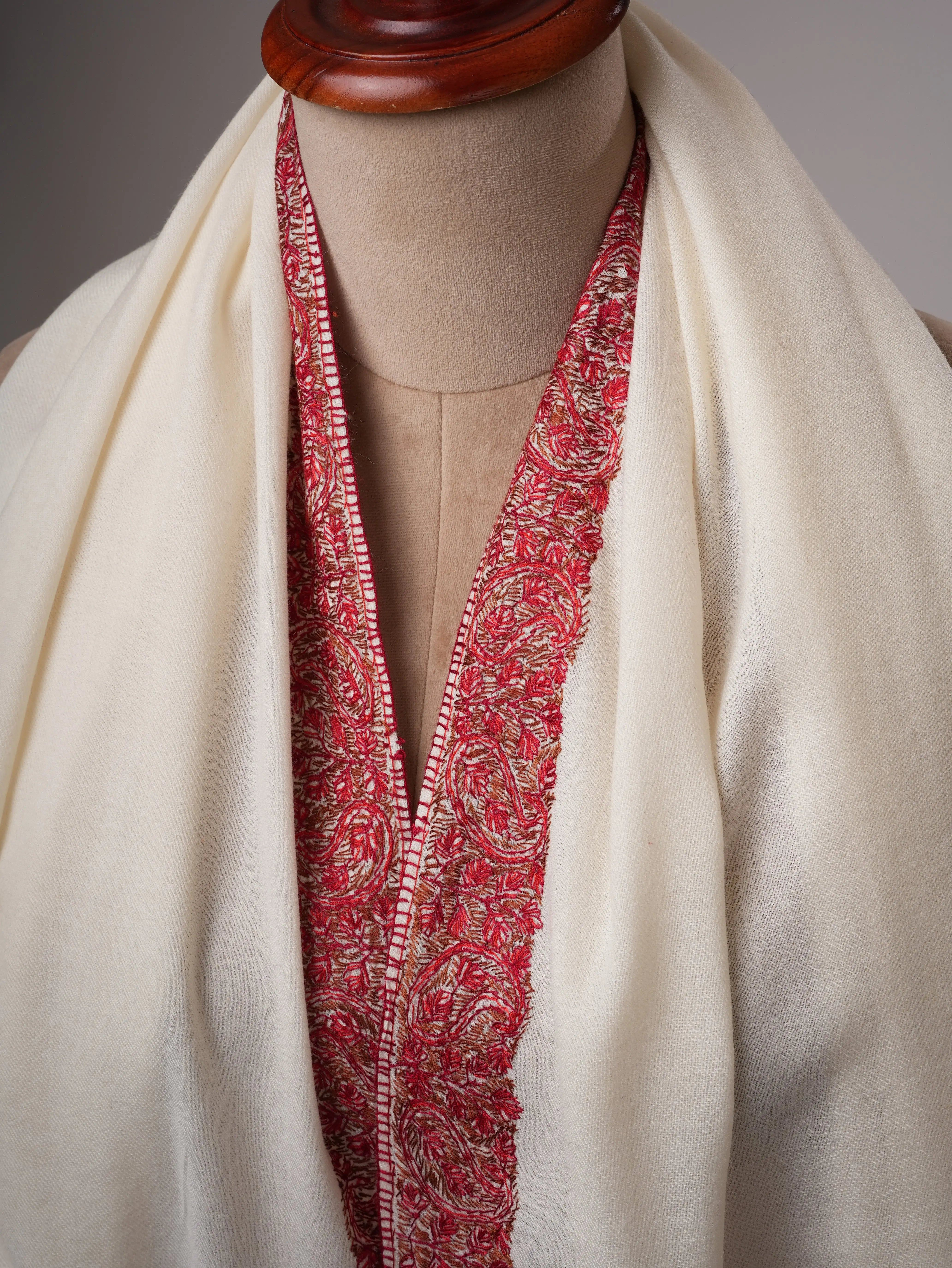 White Fine Wool Shawl with Neemdaur Hand Embroidery Shahkaar