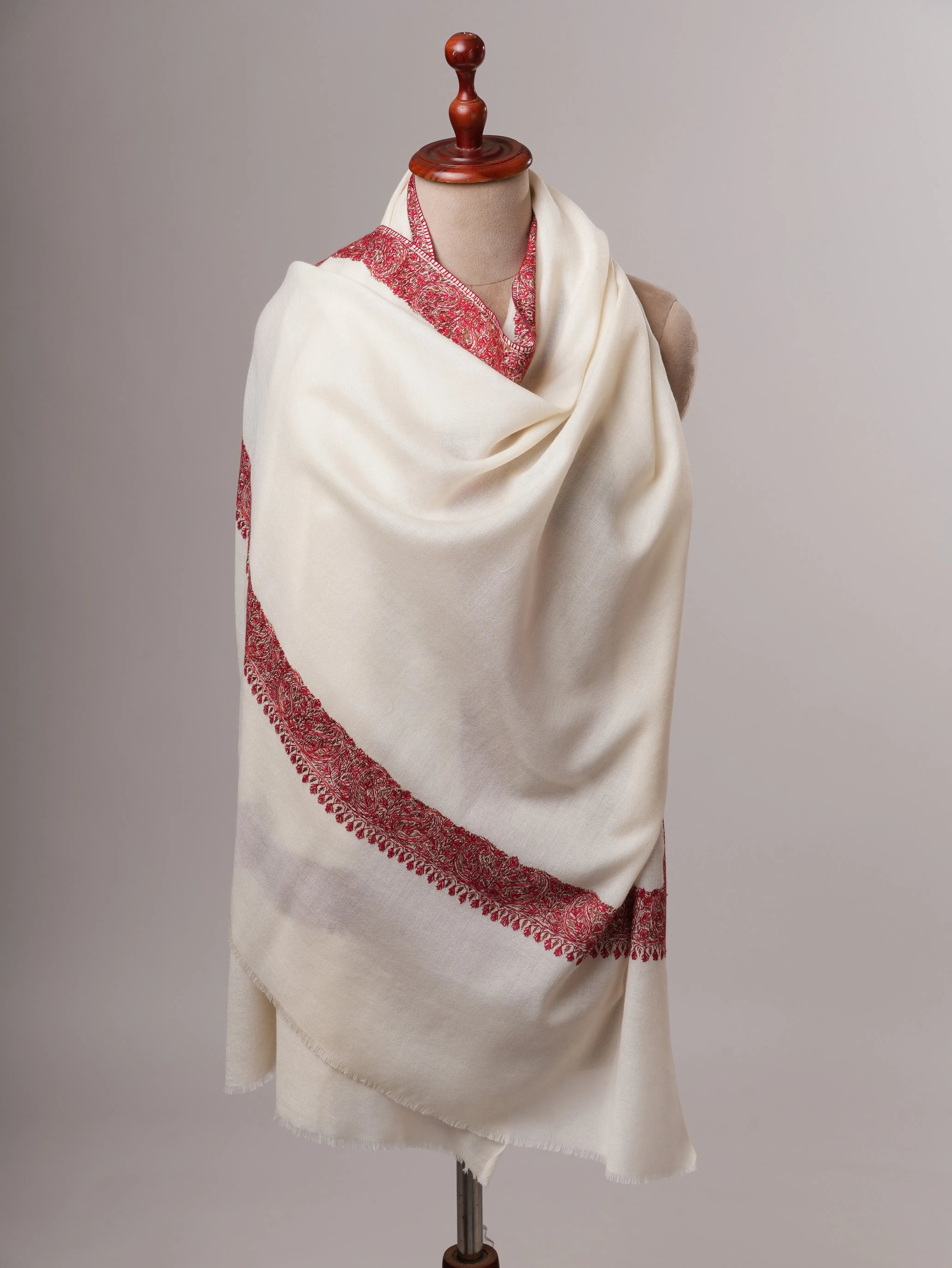 White Fine Wool Shawl with Neemdaur Hand Embroidery Shahkaar