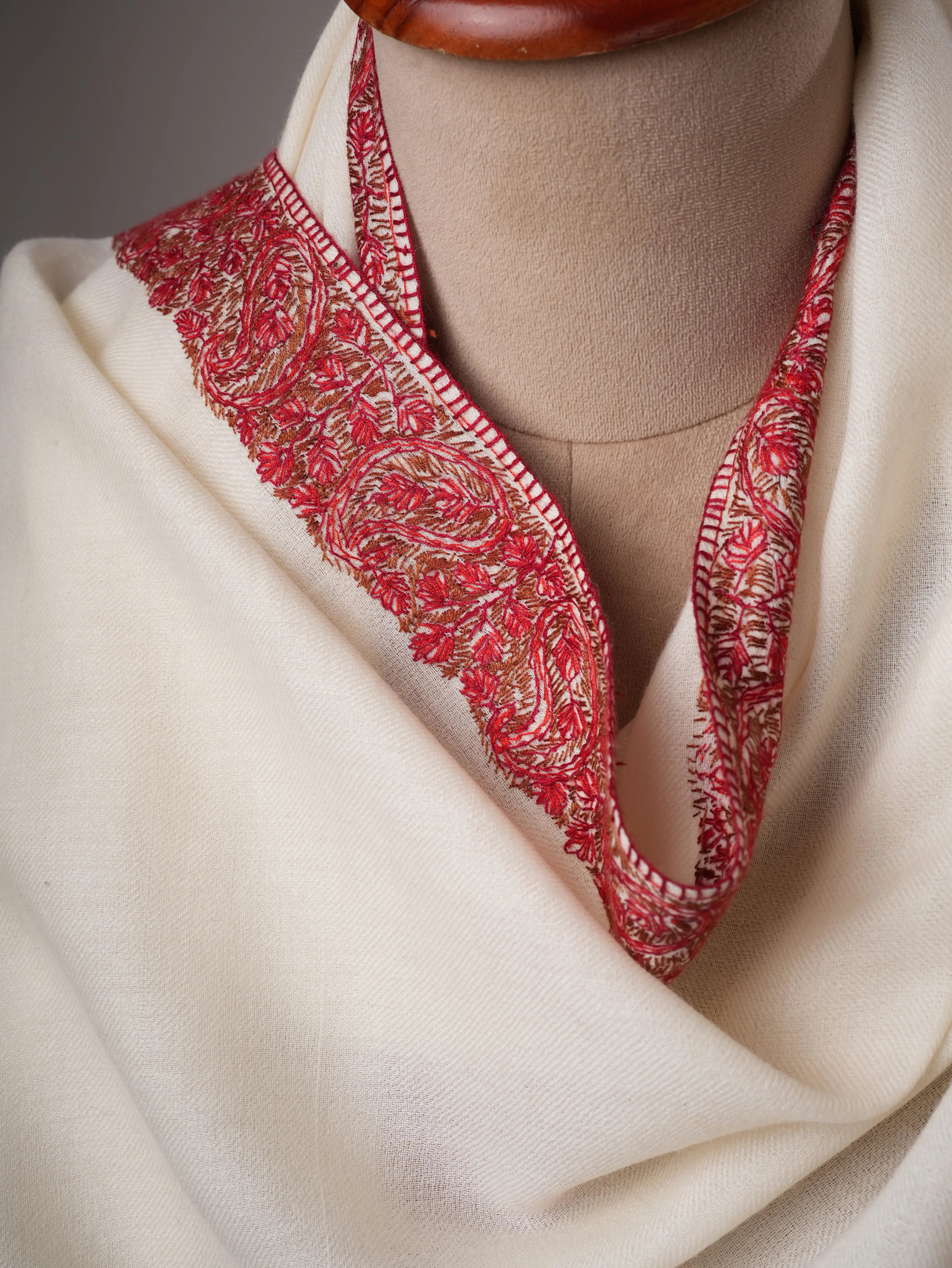 White Fine Wool Shawl with Neemdaur Hand Embroidery Shahkaar