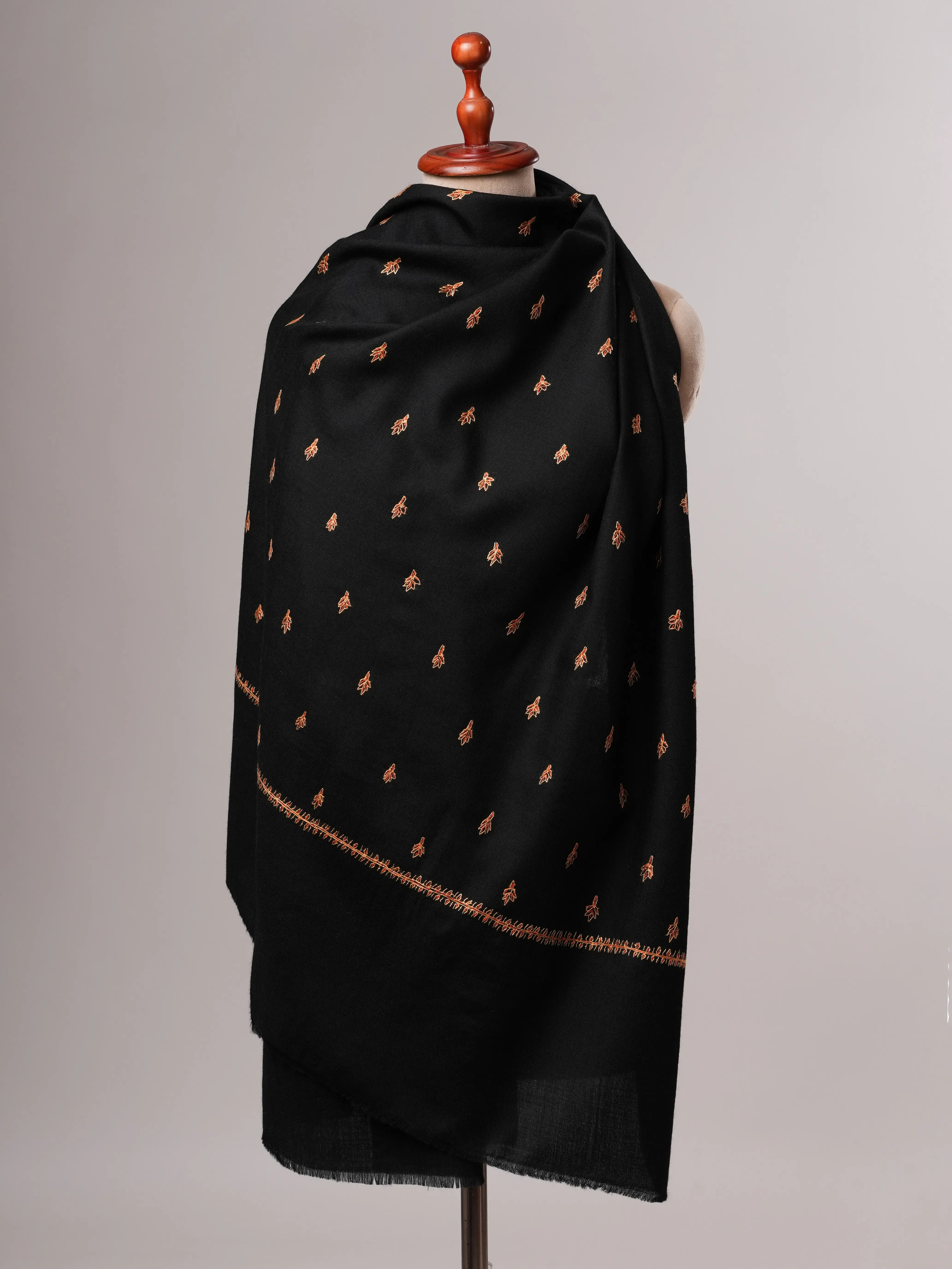 Artisan Made Black Fine Wool Shawl Featuring Mache Booti Motifs Shahkaar