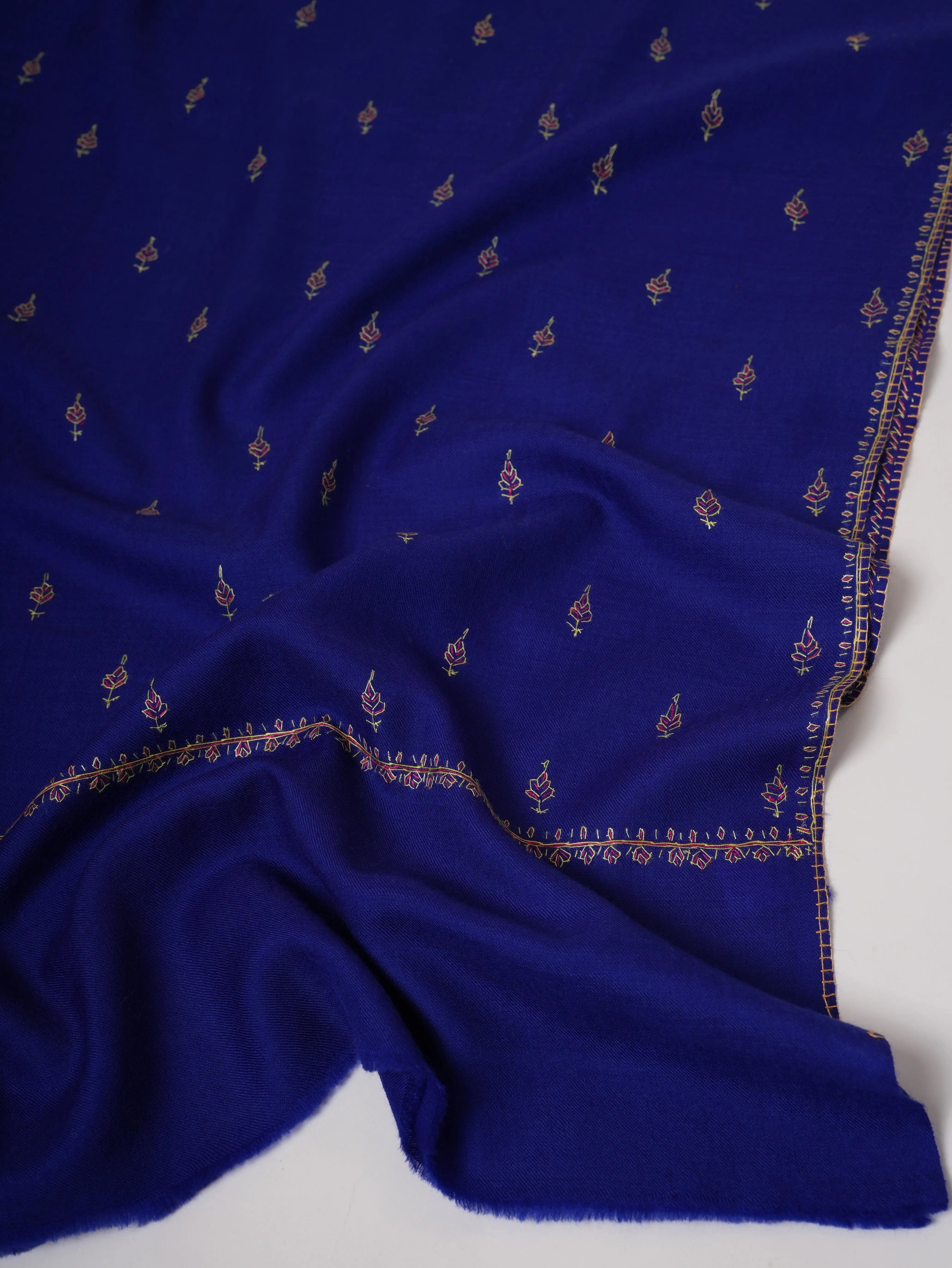 Handcrafted Royal Blue Mache Booti Embroidered Wool Shawl Shahkaar