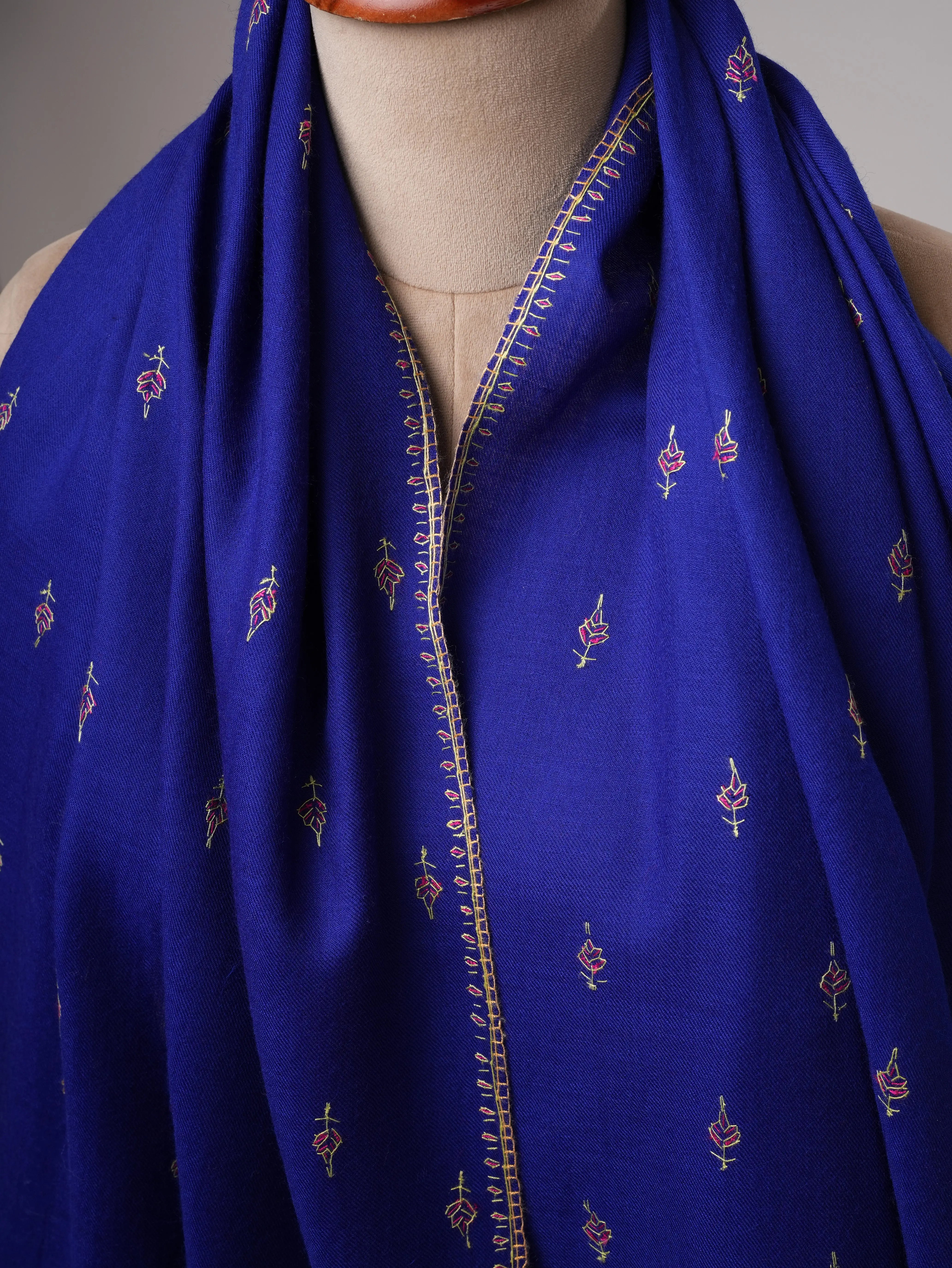 Handcrafted Royal Blue Mache Booti Embroidered Wool Shawl Shahkaar
