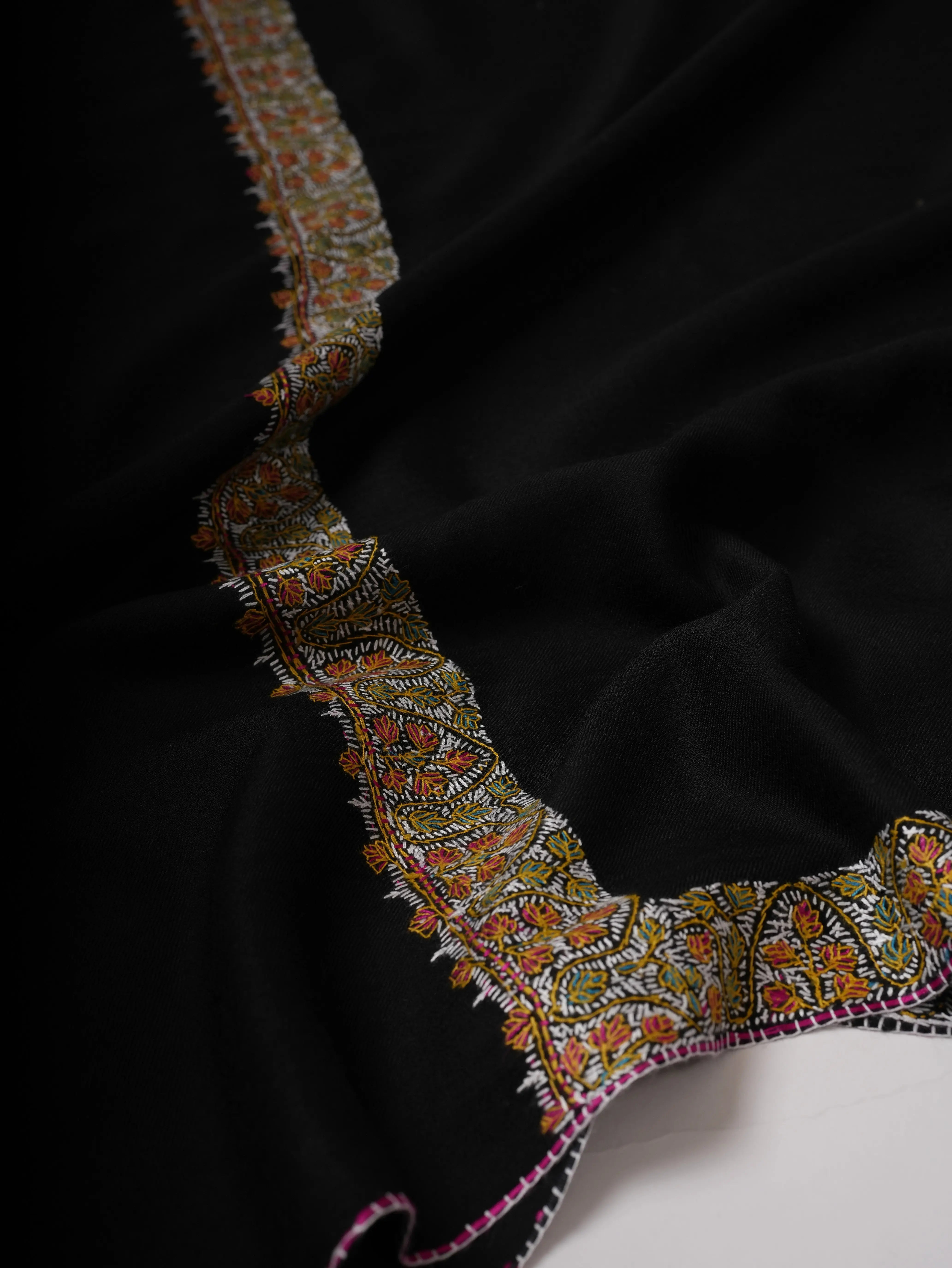 Black Fine Wool Shawl with Hand Embroidered Neemdaur Motifs Shahkaar
