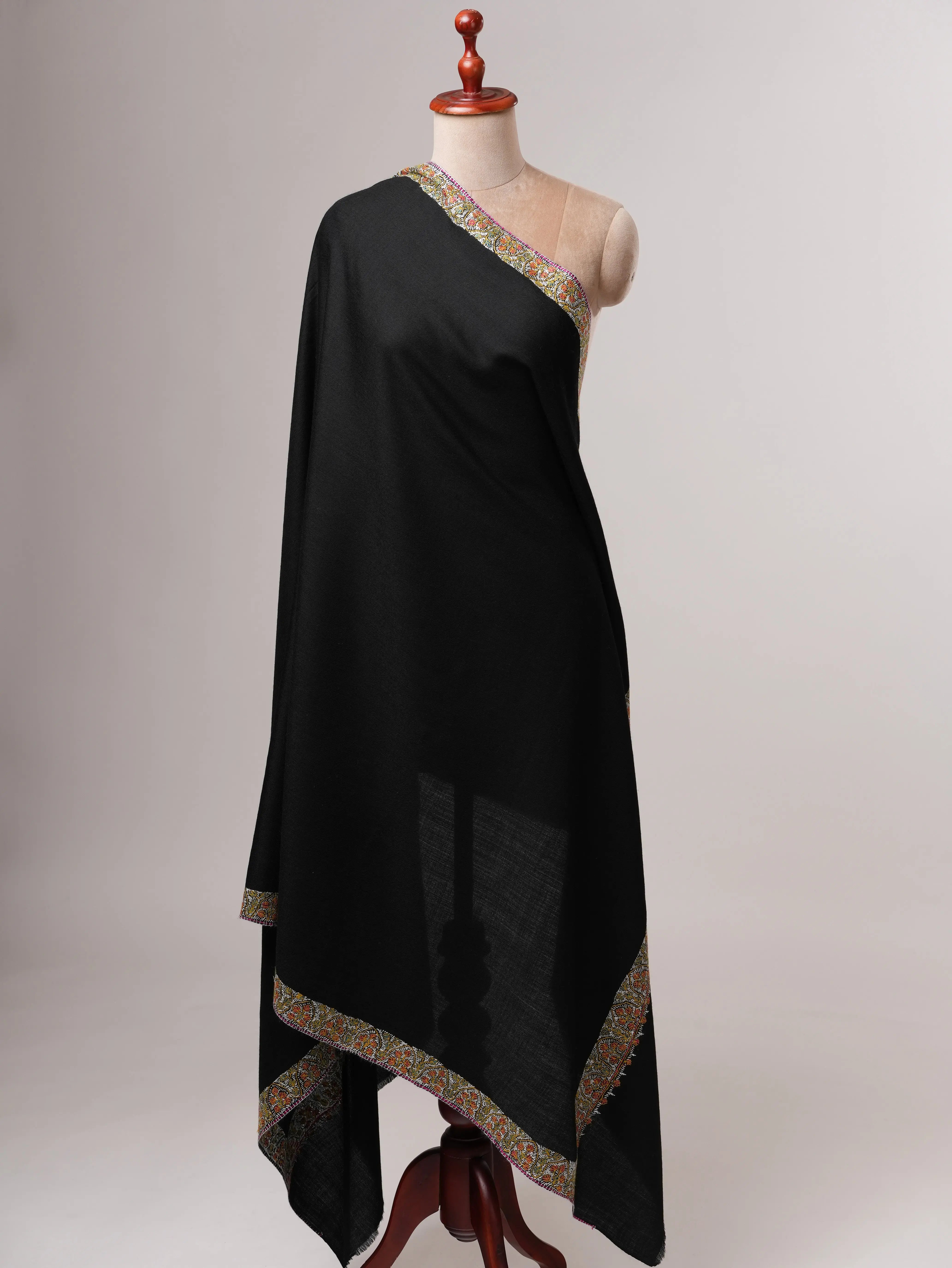 Black Fine Wool Shawl with Hand Embroidered Neemdaur Motifs Shahkaar