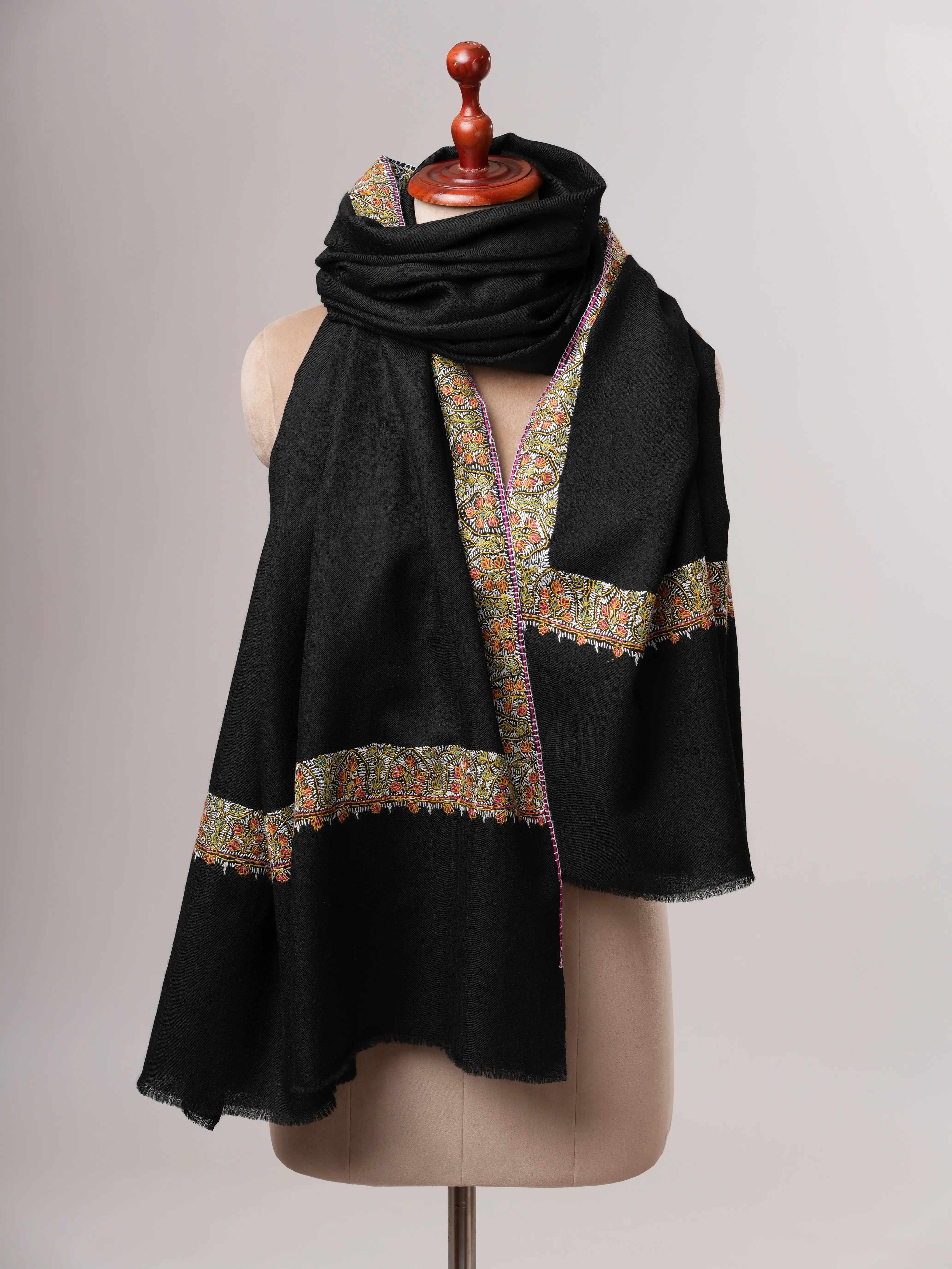 Black Fine Wool Shawl with Hand Embroidered Neemdaur Motifs Shahkaar