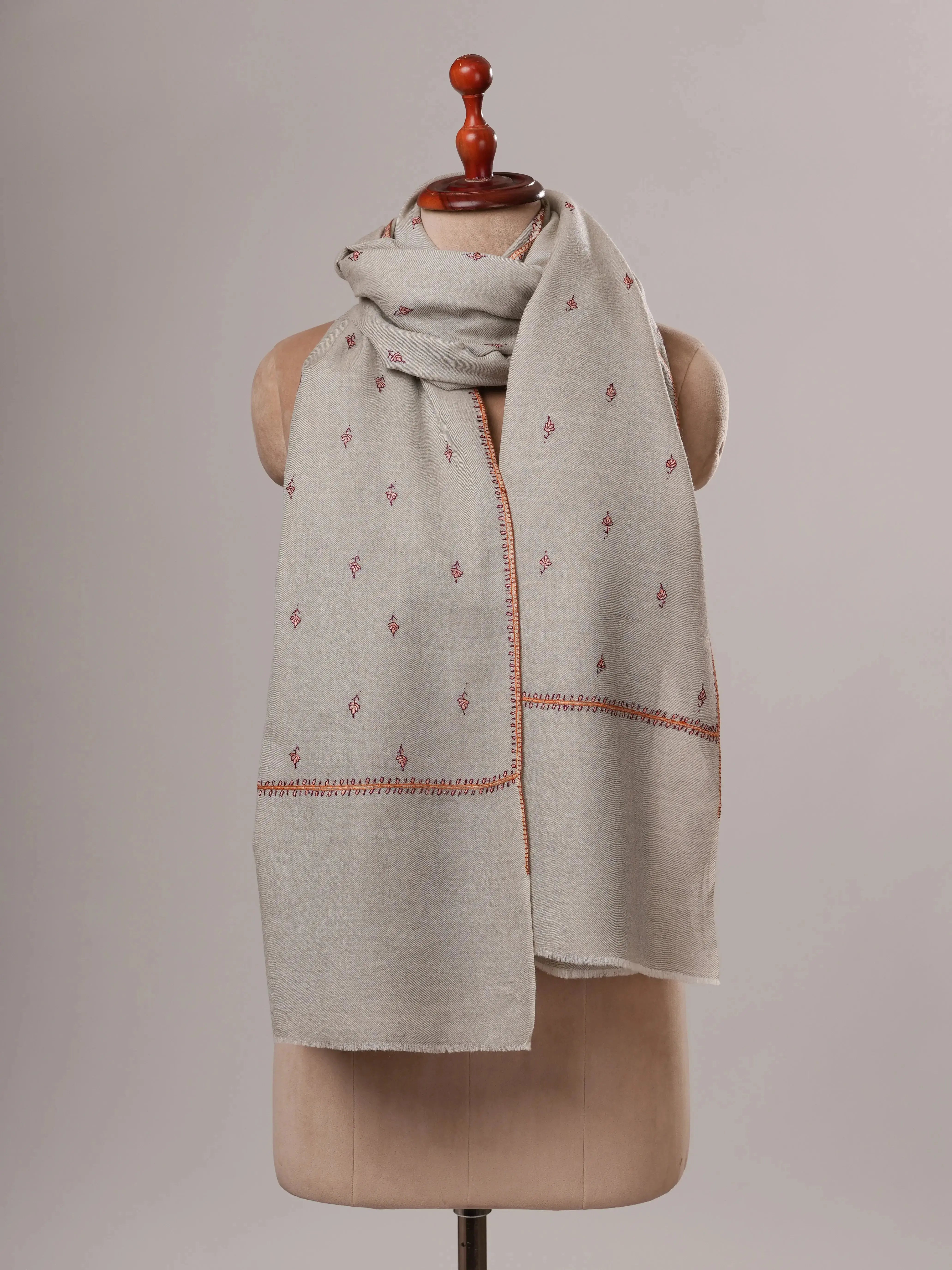 Grey Fine Wool Machie Booti Hand Embroidered Shawl Shahkaar
