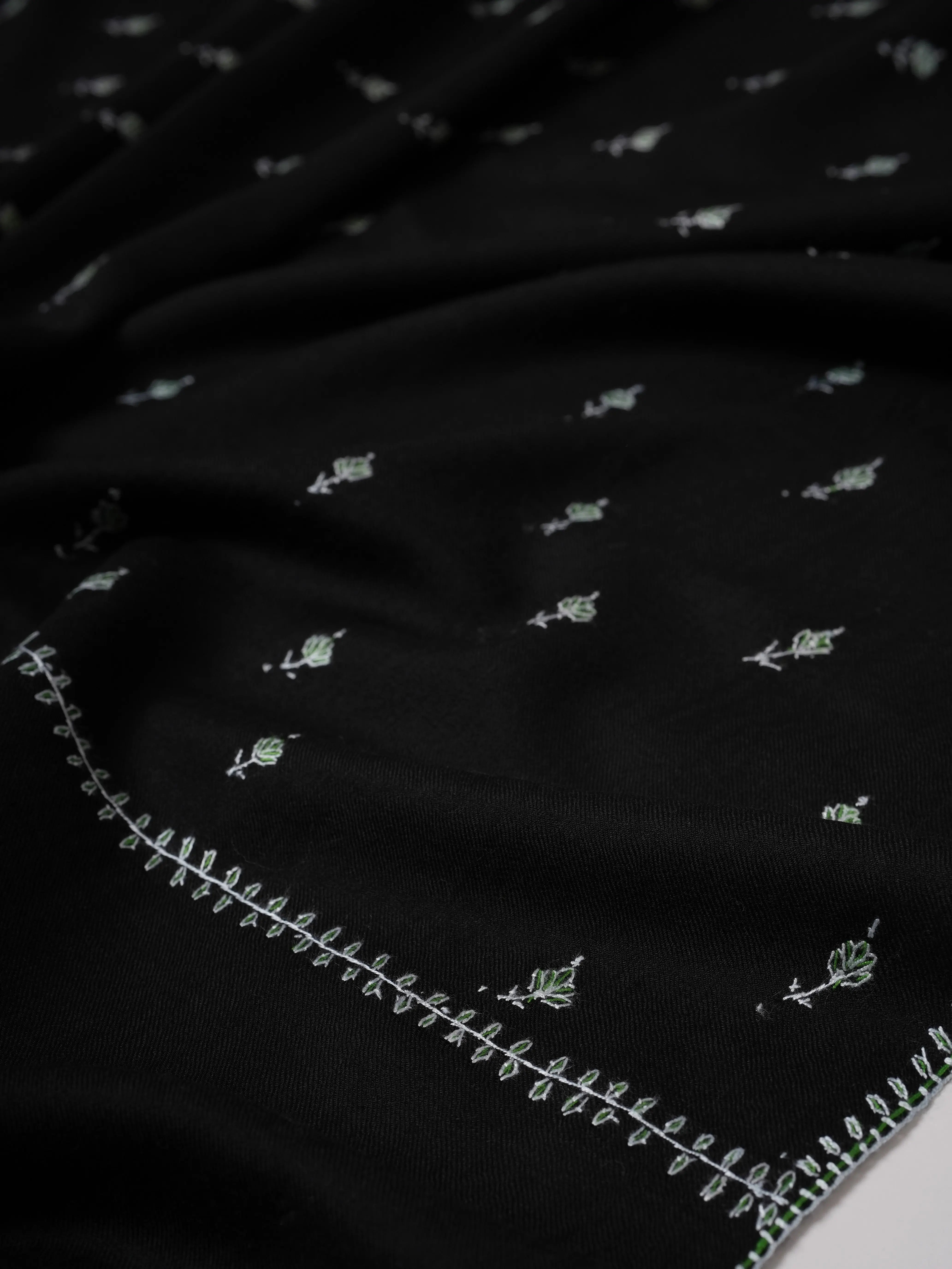 Classic Black Fine Wool Shawl with Mache Booti Hand Embroidery Shahkaar