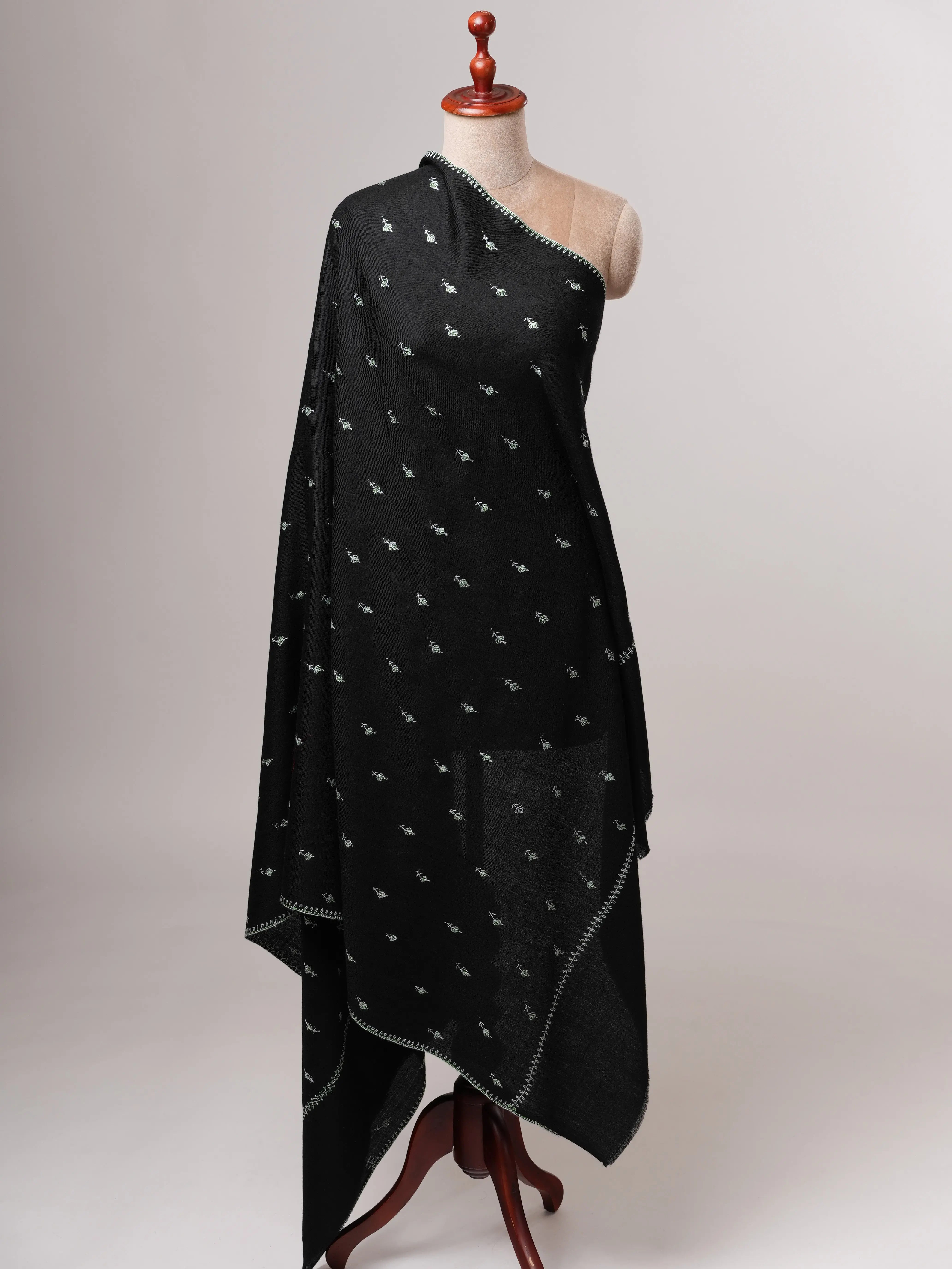 Classic Black Fine Wool Shawl with Mache Booti Hand Embroidery Shahkaar