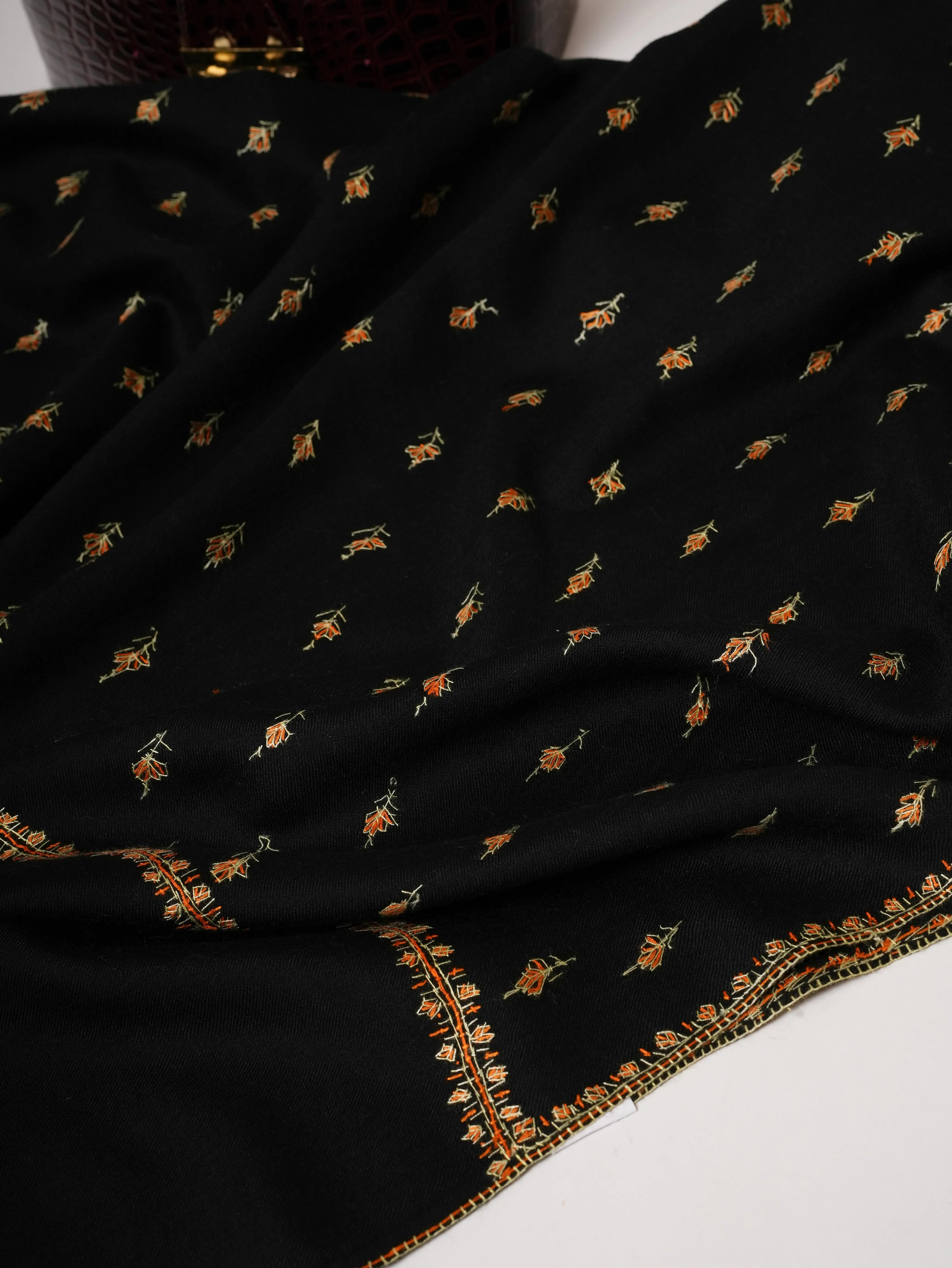 Black Fine Wool Machie Booti Hand Embroidered Shawl Shahkaar