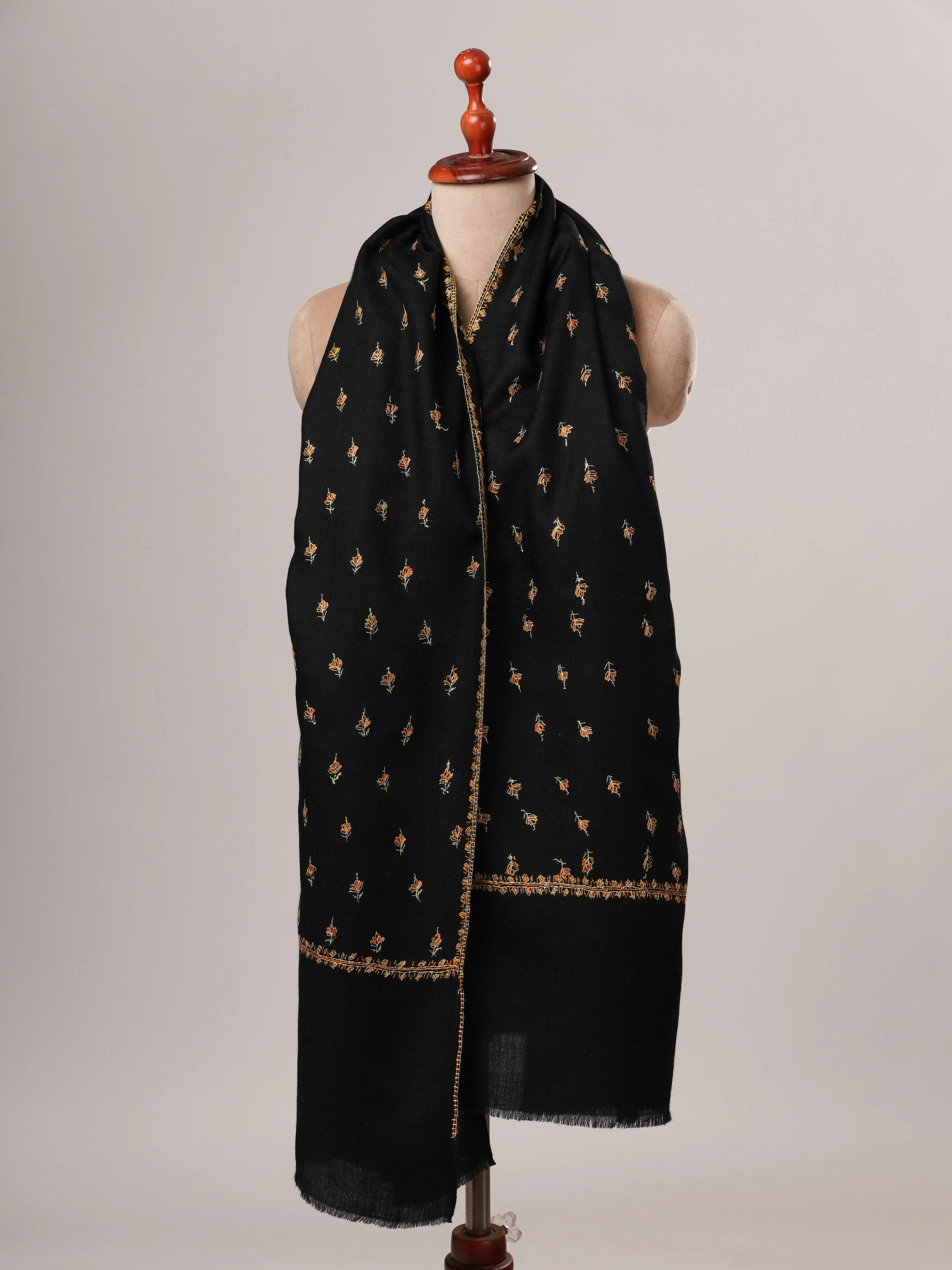 Black Fine Wool Machie Booti Hand Embroidered Shawl Shahkaar